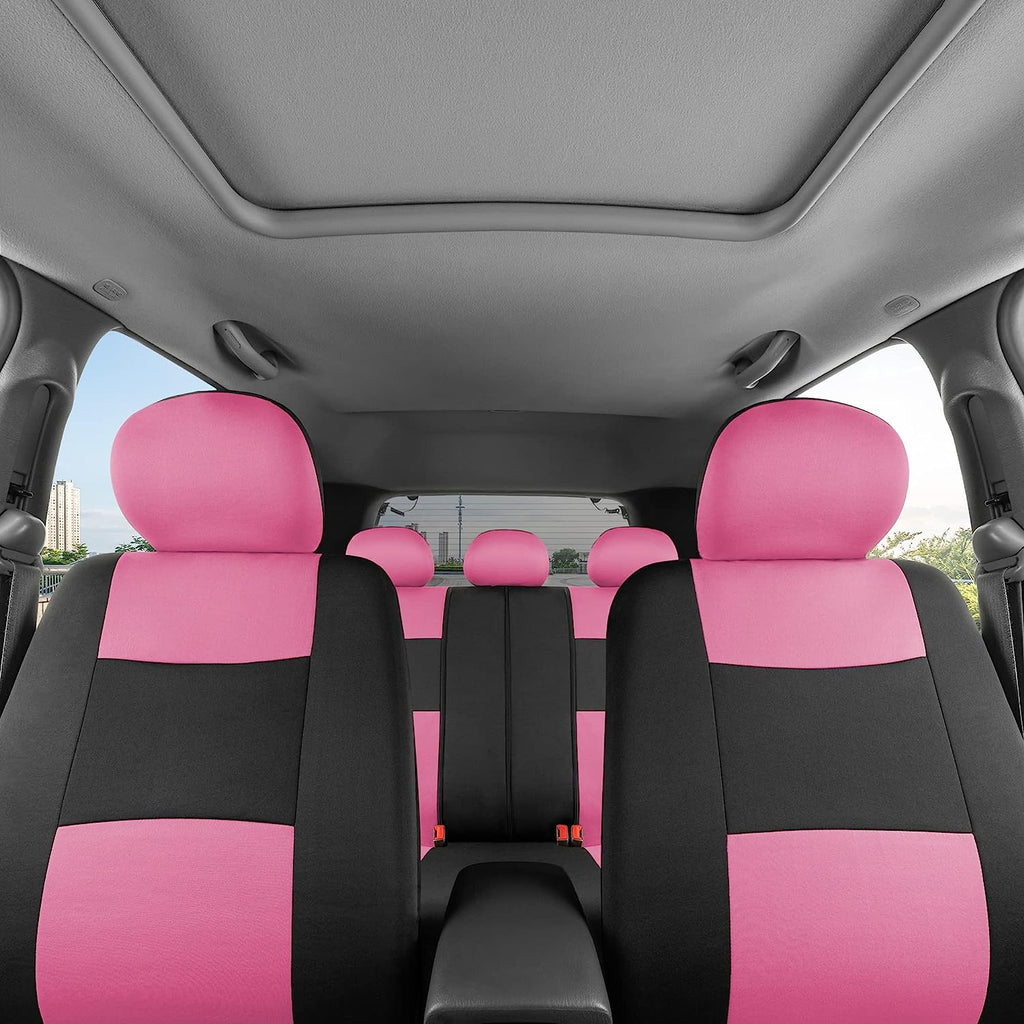 BDK PolyPro Car Seat Covers Full Set in Pink on Black – Front and Rear Split Bench Seat Covers for Cars, Easy to Install Car Seat Cover Set, Car Accessories for Auto Trucks Van SUV
