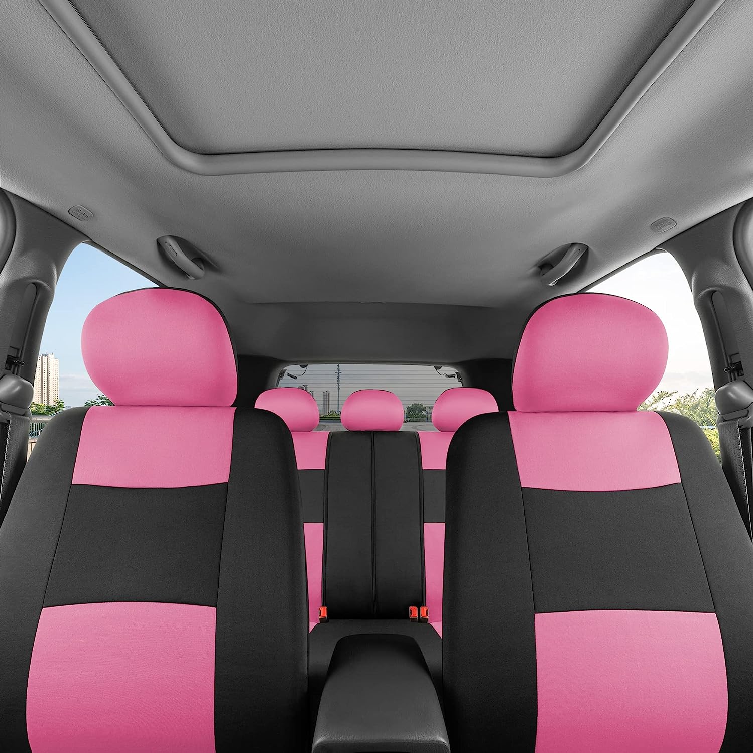 BDK PolyPro Car Seat Covers Full Set in Pink on Black – Front and Rear Split Bench Seat Covers for Cars, Easy to Install Car Seat Cover Set, Car Accessories for Auto Trucks Van SUV