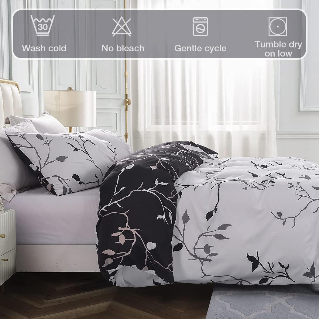 Lekesky Reversible Duvet Cover King Size, White Black Tree Branch Pattern Comforter Cover King 3pc Super Soft Microfiber Breathable Botanical Bedding Sets with Zipper Ties