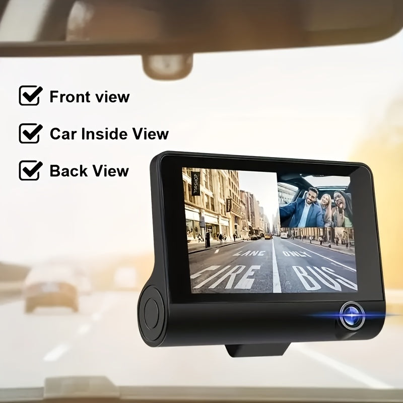 3 Lens Dash Camera, 4'' Touch IPS Screen Car Video Recorder, 1080P +720P+720P