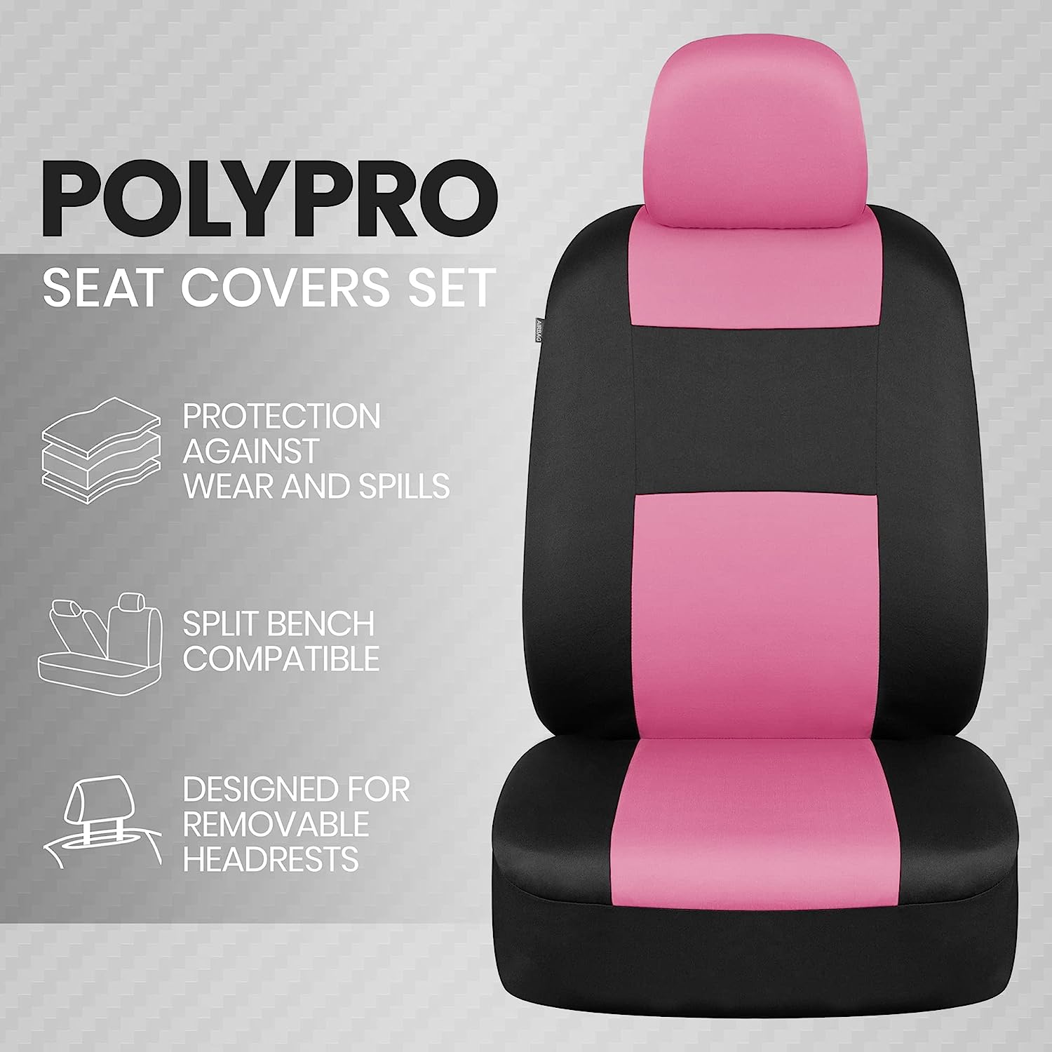 BDK PolyPro Car Seat Covers Full Set in Pink on Black – Front and Rear Split Bench Seat Covers for Cars, Easy to Install Car Seat Cover Set, Car Accessories for Auto Trucks Van SUV