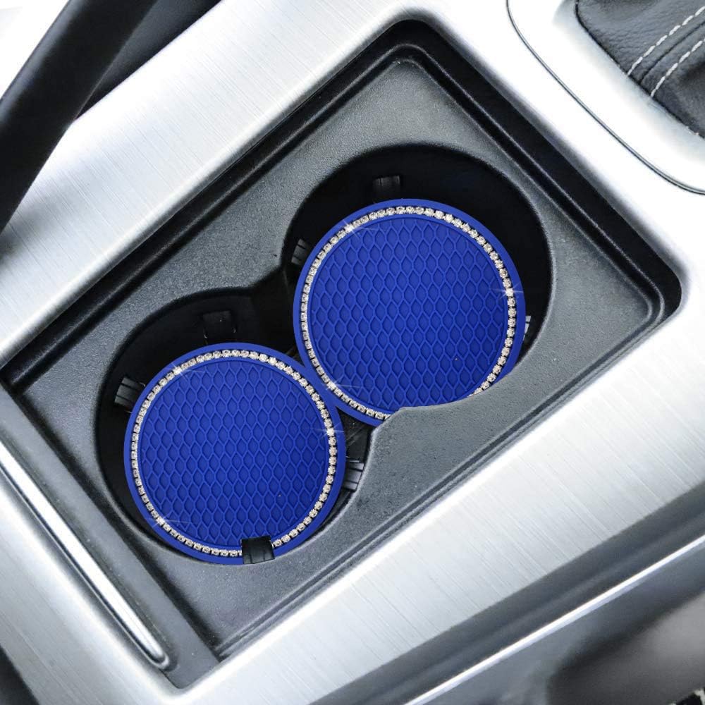 Universal Vehicle Bling Travel Auto Cup Holder Insert Coasters,2.75 Inch Crystal Rhinestone Car Interior Accessories Durable Anti Slip Silicone Car Coasters (Pack of 2) (Blue)