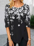 Round Neck Floral Print Casual Long-sleeved T-shirt