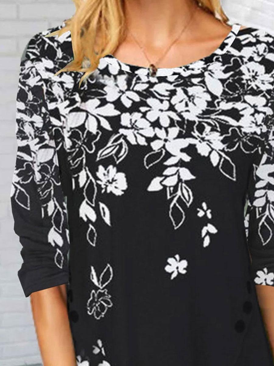 Round Neck Floral Print Casual Long-sleeved T-shirt