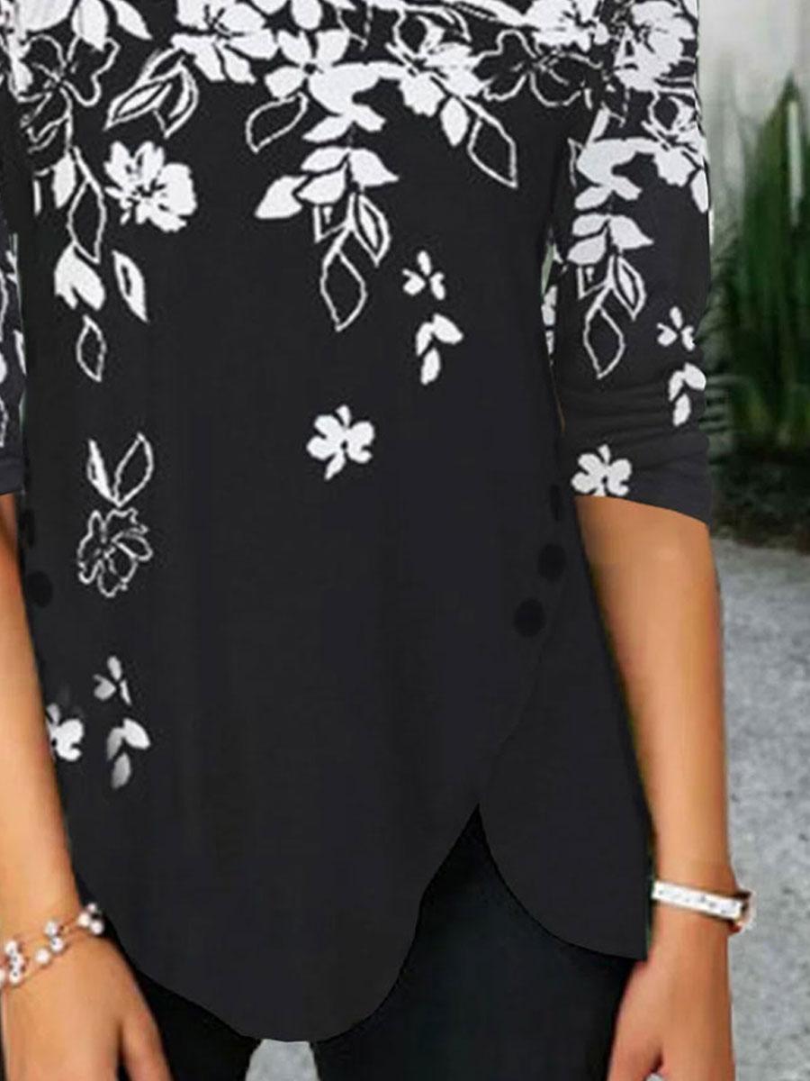 Round Neck Floral Print Casual Long-sleeved T-shirt