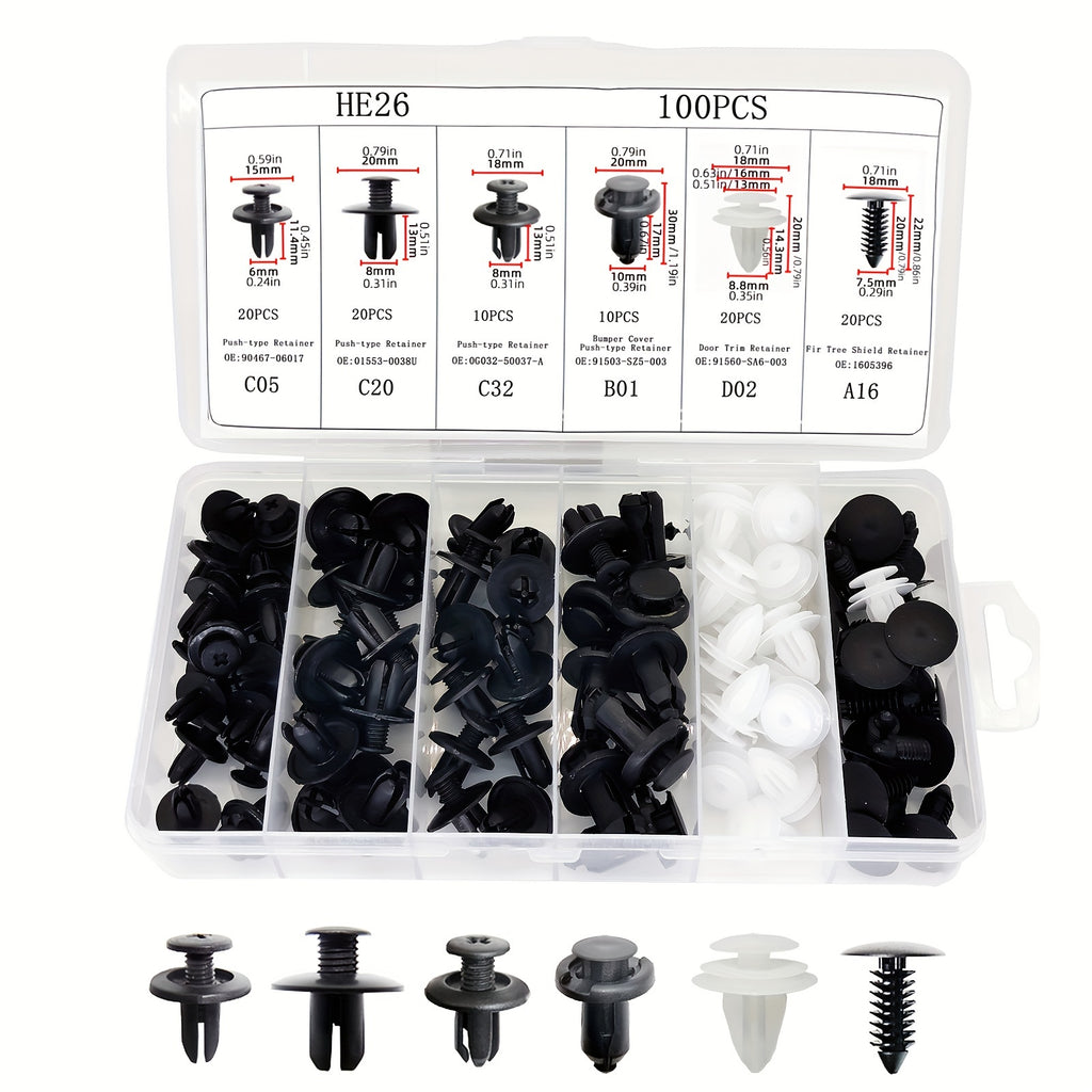 100pcs Auto Fastener Clip Car Fender Push Retainer Pin Rivet Bumper For Door Trim Panel Retainer Body Repair Tool Kit , Box Package