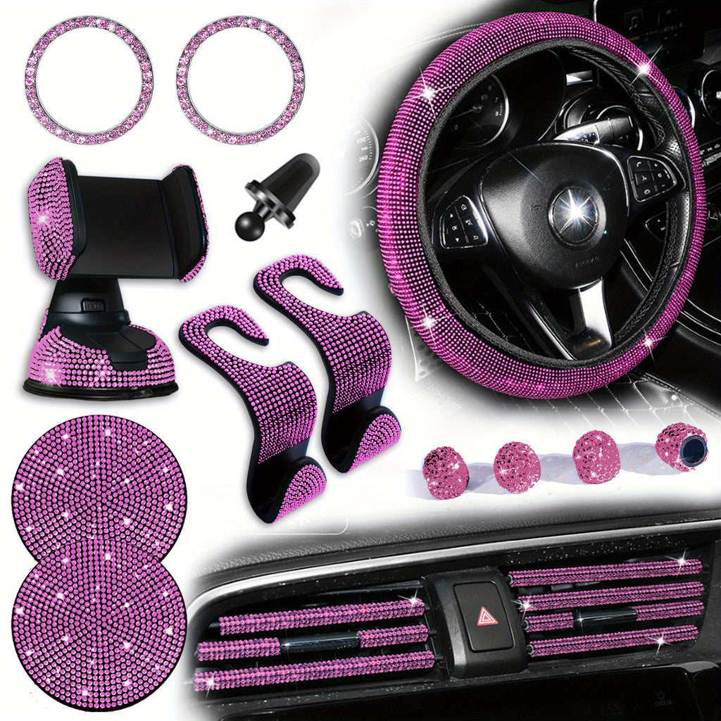 18pcs/set Light Luxury Hot Artificial Diamond Car Interior Set Crystal Steering Wheel Cover Mobile Phone Holder Women Car Interior Accessories
