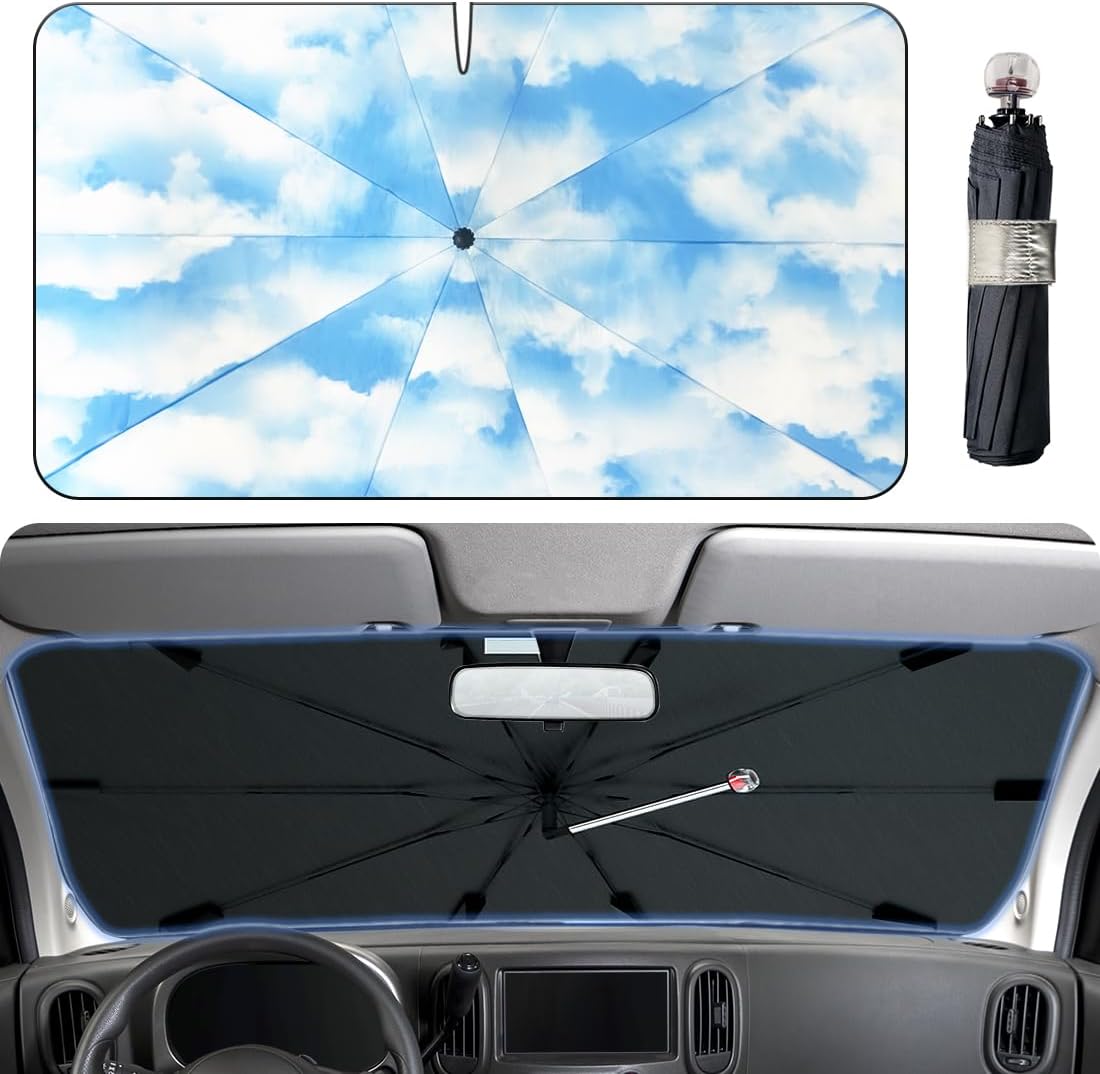 Upgraded Windshield Sun Shade, Car Sunshade with 360° Rotating Shaft, Umbrella Sun Shade Cover with Window Breaker, Suitable for Sedan, SUV, Pickup（Blue Sky）