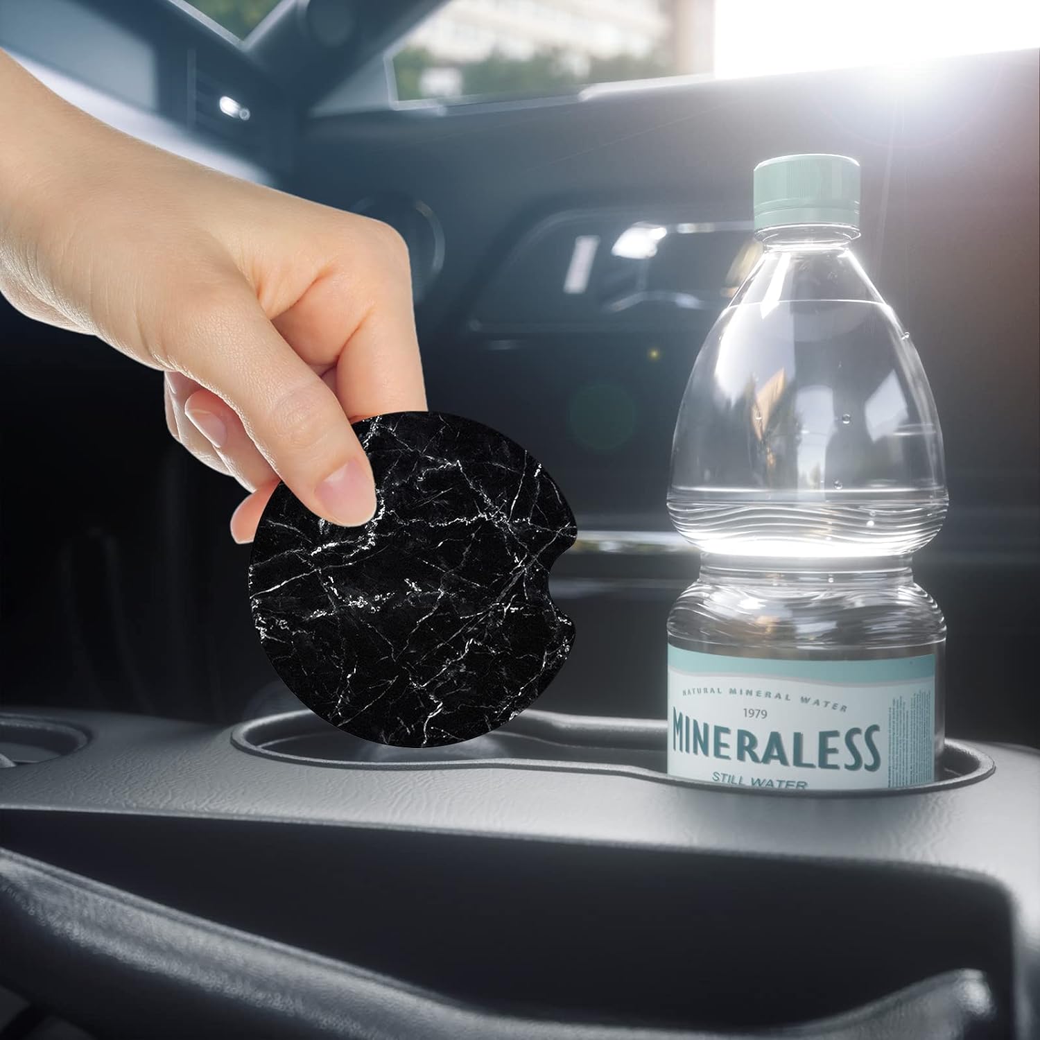 Nipichsha Car Cup Holder Coasters, Car Coasters for Cup Holders, 2 Pack Anti Slip Insert Coasters, Rubber Car Cup Mat with A Finger Notch, Cute Car Interior Accessories for Women Men(Black Marble)
