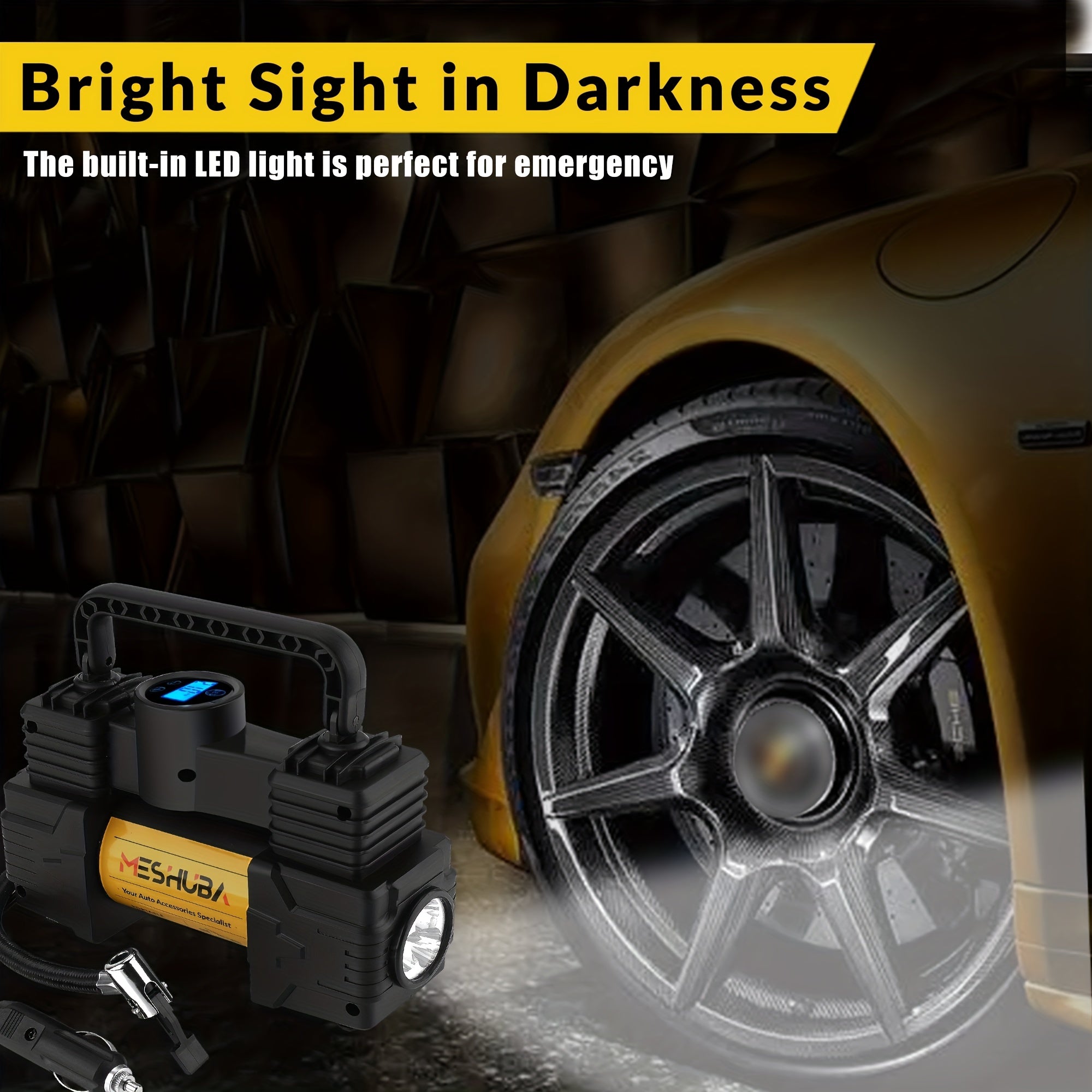 MESHUBA Tire Inflator 12V Portable Air Compressor, 150PSI Air Pump For Car Tires With Digital Pressure GauFor Car Bike Motor Ball, Yellow