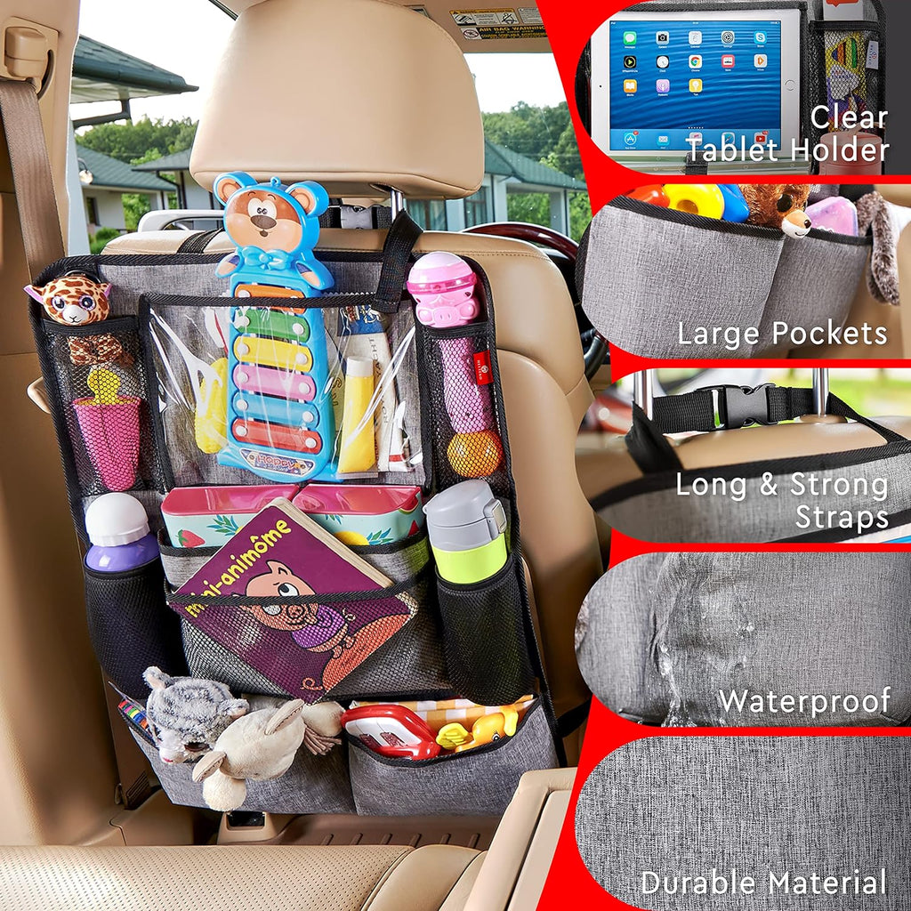 Helteko Backseat Car Organizer, Kick Mats Back Seat Protector with Touch Screen Tablet Holder, Car Back Seat Organizer for Kids, Car Travel Accessories, Kick Mat with 9 Storage Pockets 2 Pack, Gray