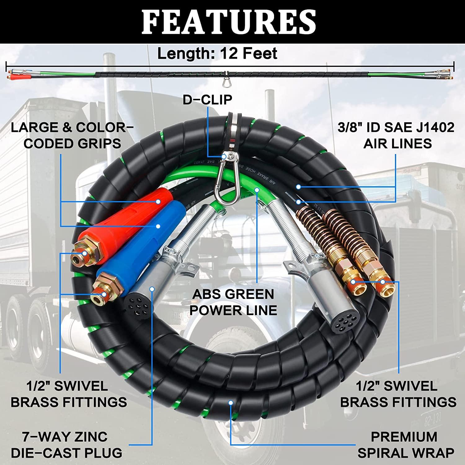 YiaChuii 12 FT Semi Truck Air Hose Kit, 3 in 1 ABS Semi Trailer Air Hose Line with Glad Hands Gladhand Seals Air Brake Lines for Trailers