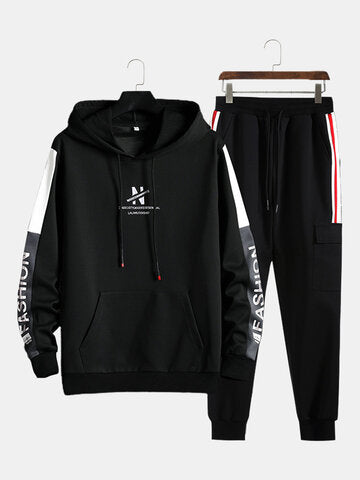 mens contrast patchwork letter pattern drawstring hooded casual two pieces outfits