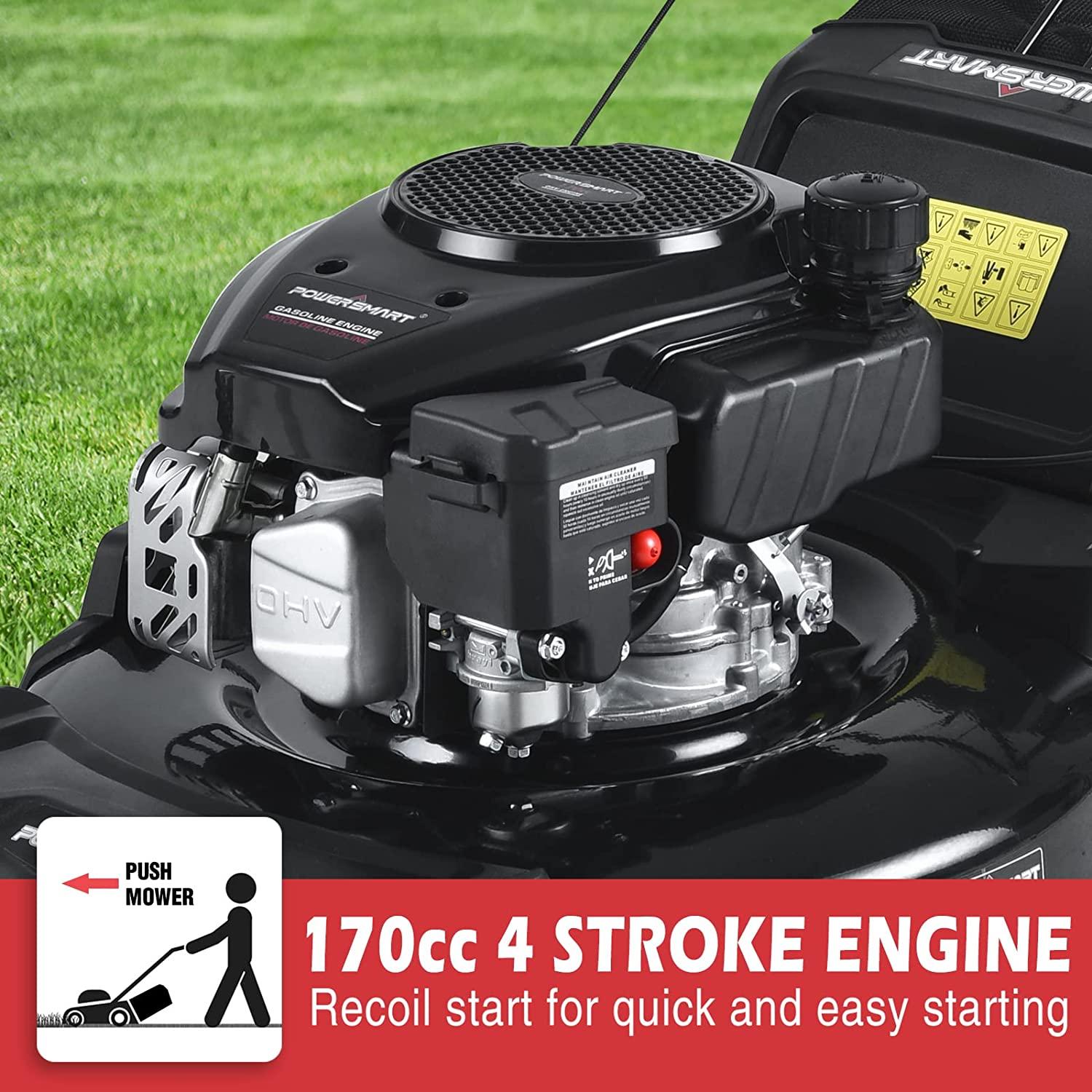 PowerSmart Gas Lawn Mower, 21-inch & 170CC, Gas Powered Push Lawn Mower with 4-Stroke Engine, 3-in-1 Gas Mower with Bag, 5 Adjustable Heights (1.18''-3.00'' )