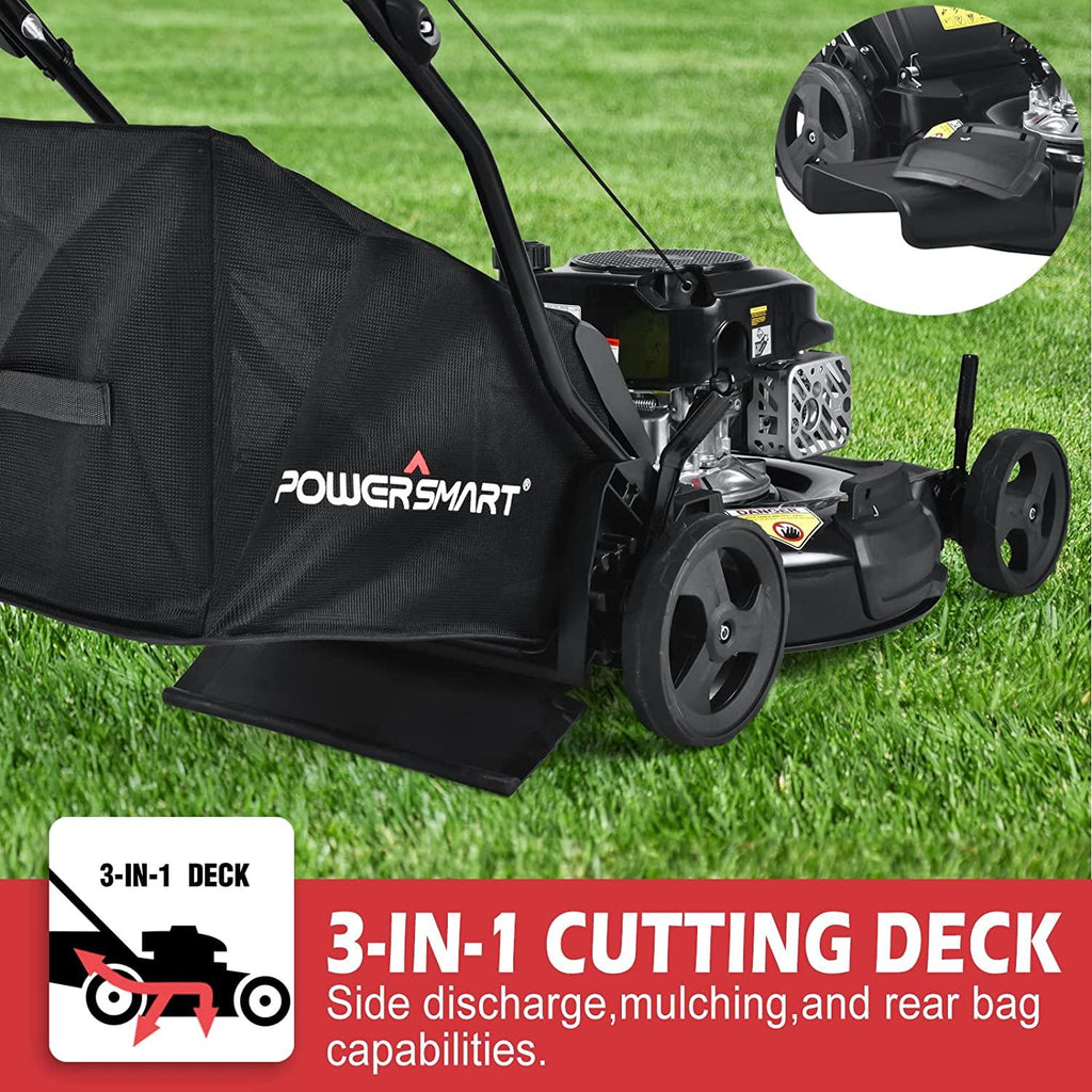 PowerSmart Gas Lawn Mower, 21-inch & 170CC, Gas Powered Push Lawn Mower with 4-Stroke Engine, 3-in-1 Gas Mower with Bag, 5 Adjustable Heights (1.18''-3.00'' )