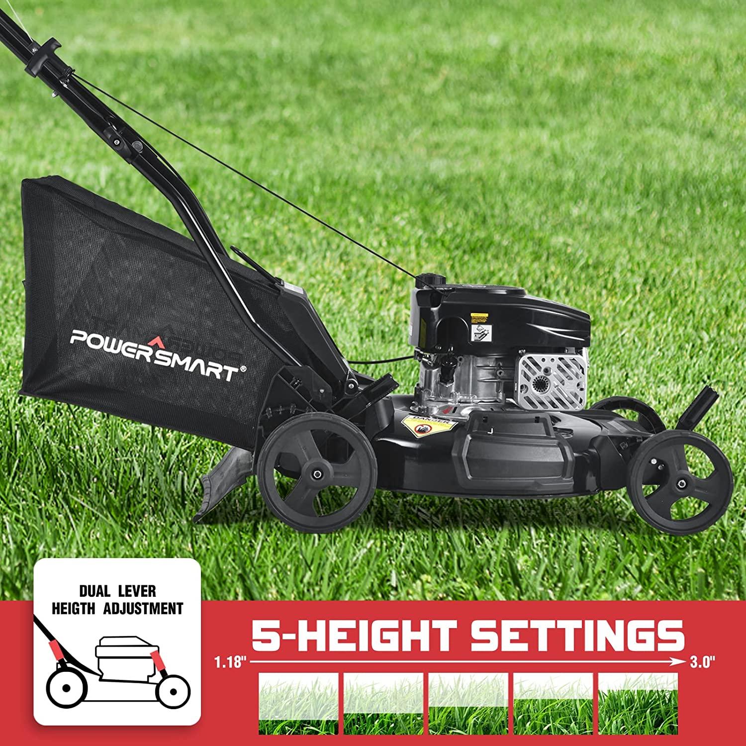 PowerSmart Gas Lawn Mower, 21-inch & 170CC, Gas Powered Push Lawn Mower with 4-Stroke Engine, 3-in-1 Gas Mower with Bag, 5 Adjustable Heights (1.18''-3.00'' )