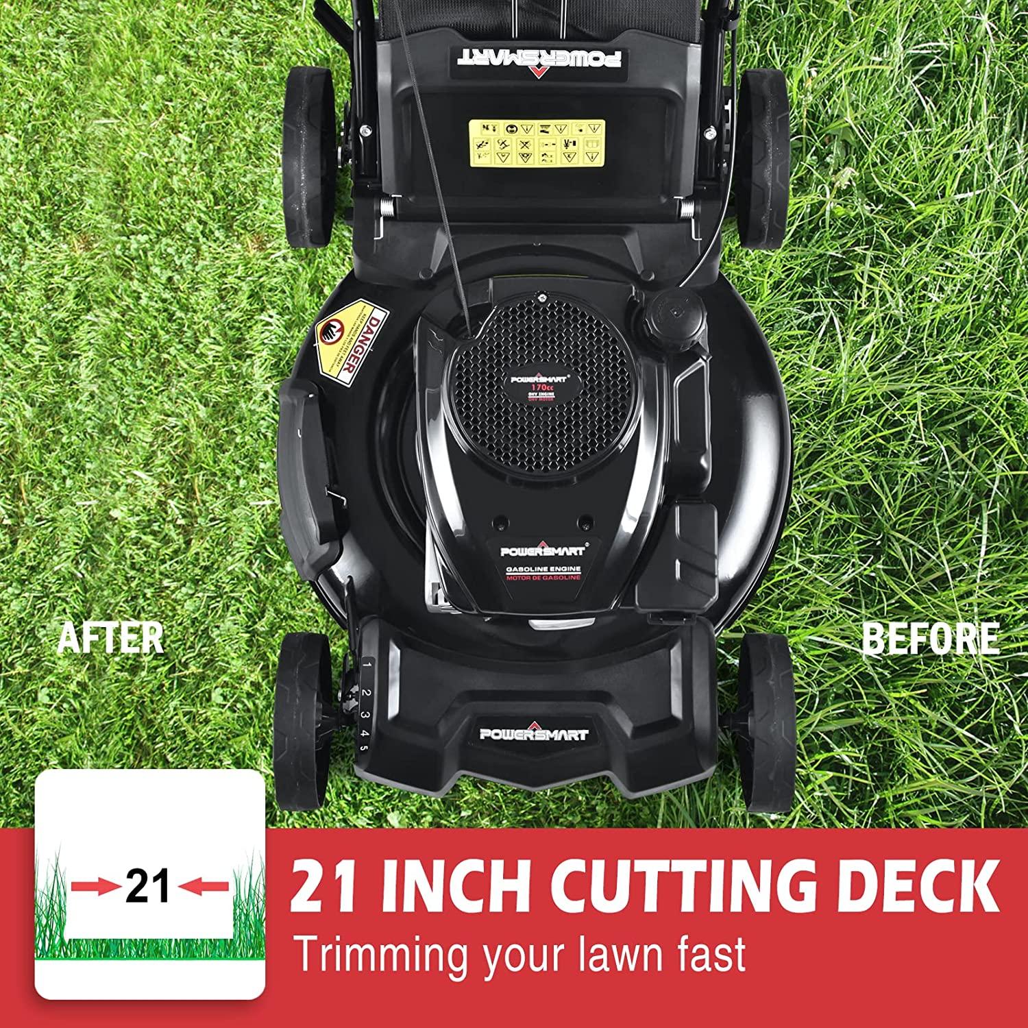 PowerSmart Gas Lawn Mower, 21-inch & 170CC, Gas Powered Push Lawn Mower with 4-Stroke Engine, 3-in-1 Gas Mower with Bag, 5 Adjustable Heights (1.18''-3.00'' )