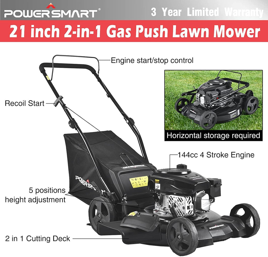 PowerSmart Gas Lawn Mower, 21-inch & 170CC, Gas Powered Push Lawn Mower with 4-Stroke Engine, 3-in-1 Gas Mower with Bag, 5 Adjustable Heights (1.18''-3.00'' )