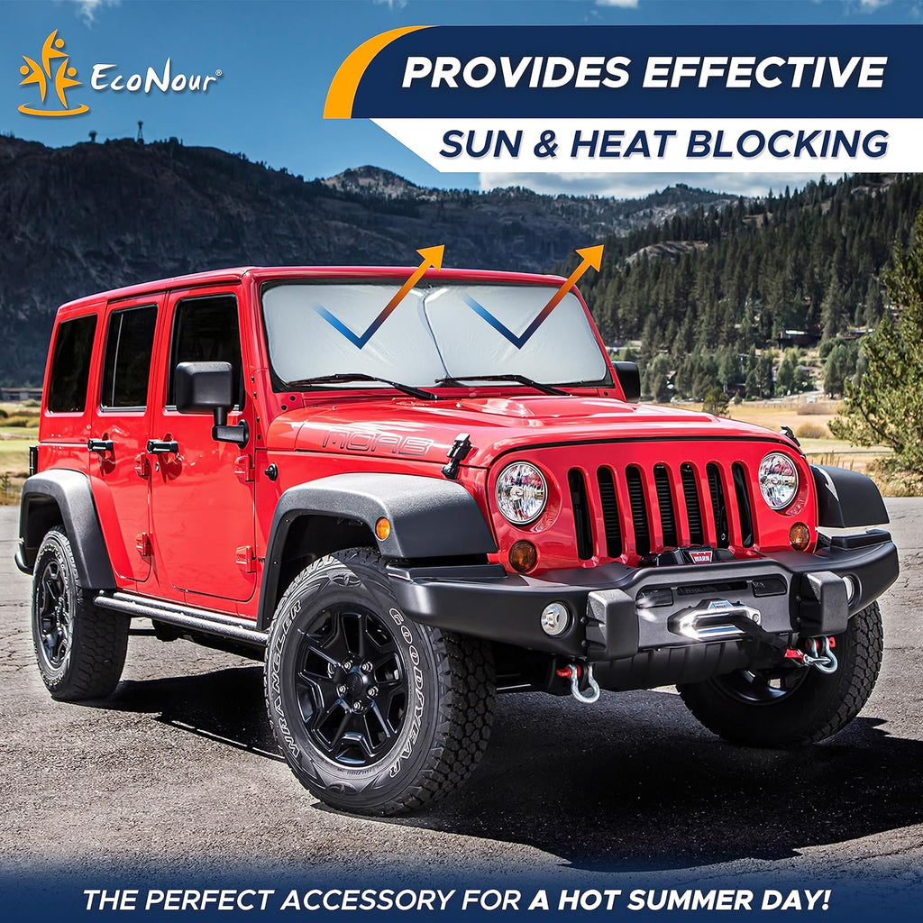 EcoNour 2-Piece Windshield Sun Shade for Jeep, Offers Complete Automotive Sun Protection, Foldable Jeep Windshield Shade Suits Wrangler, Compass, Gladiator &amp; Renegade, (X-Small 18 in x 26 in)