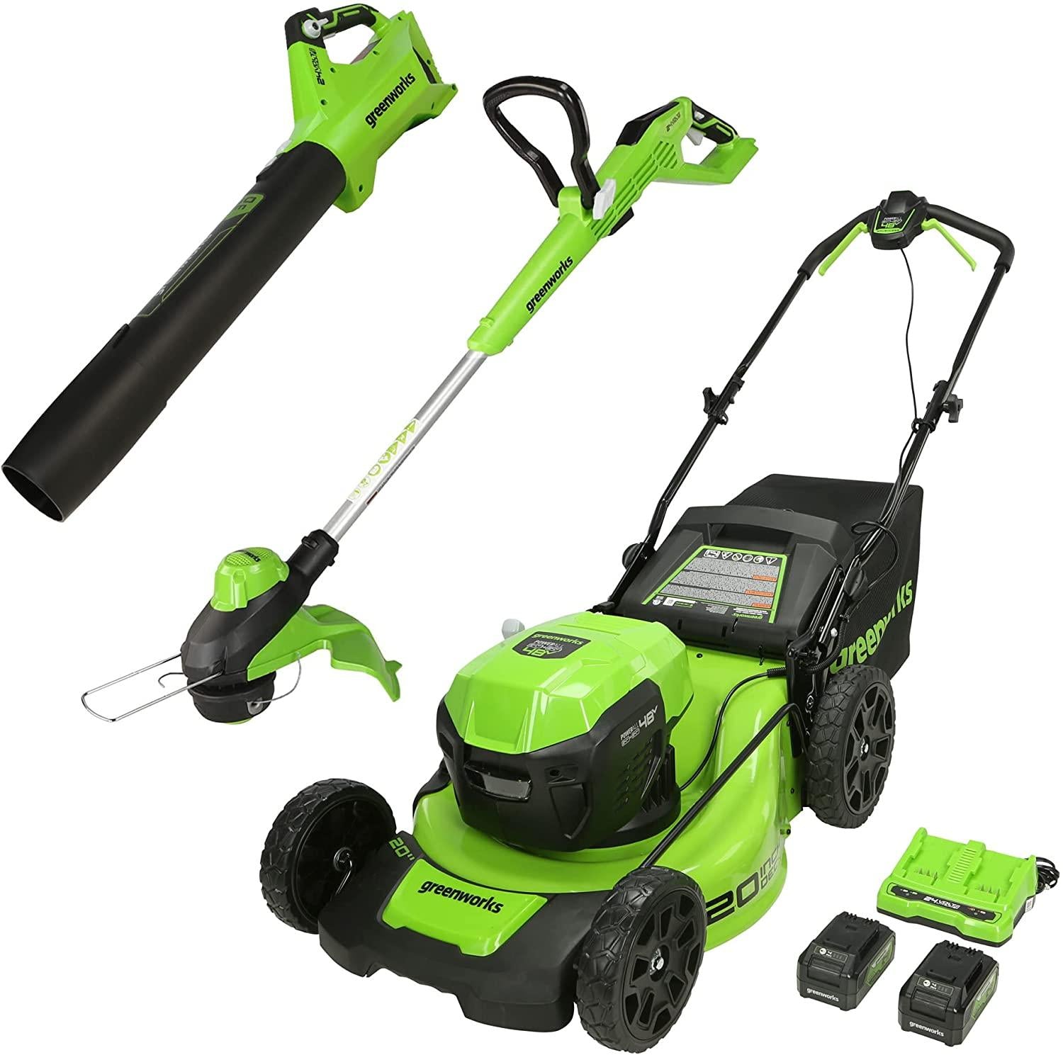 Greenworks 48V 20" Brushless Cordless Electric Lawn Mower, Leaf Blower, String Trimmer, (2) 4.0Ah Batteries and Rapid Charger