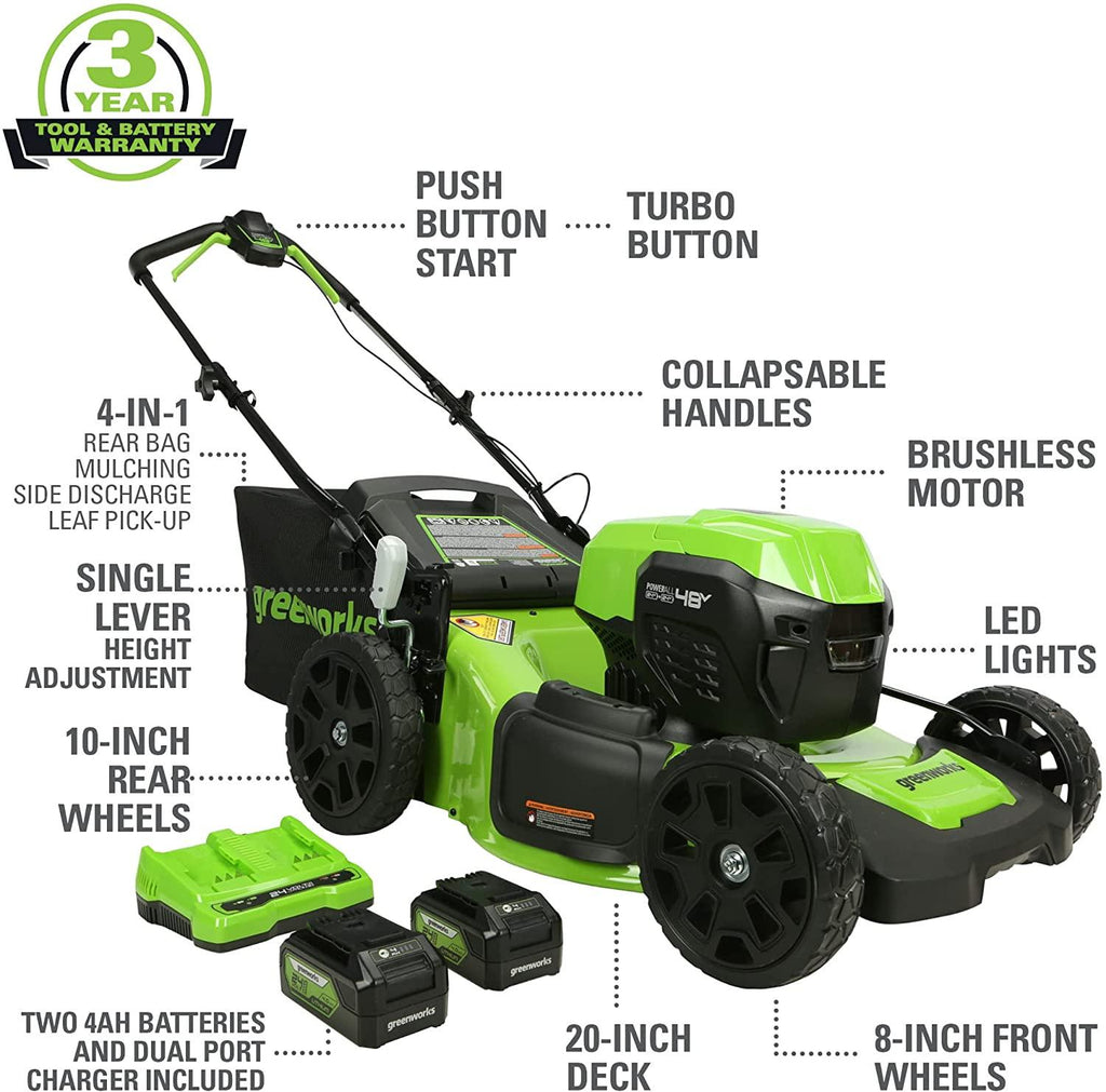 Greenworks 48V 20" Brushless Cordless Electric Lawn Mower, Leaf Blower, String Trimmer, (2) 4.0Ah Batteries and Rapid Charger