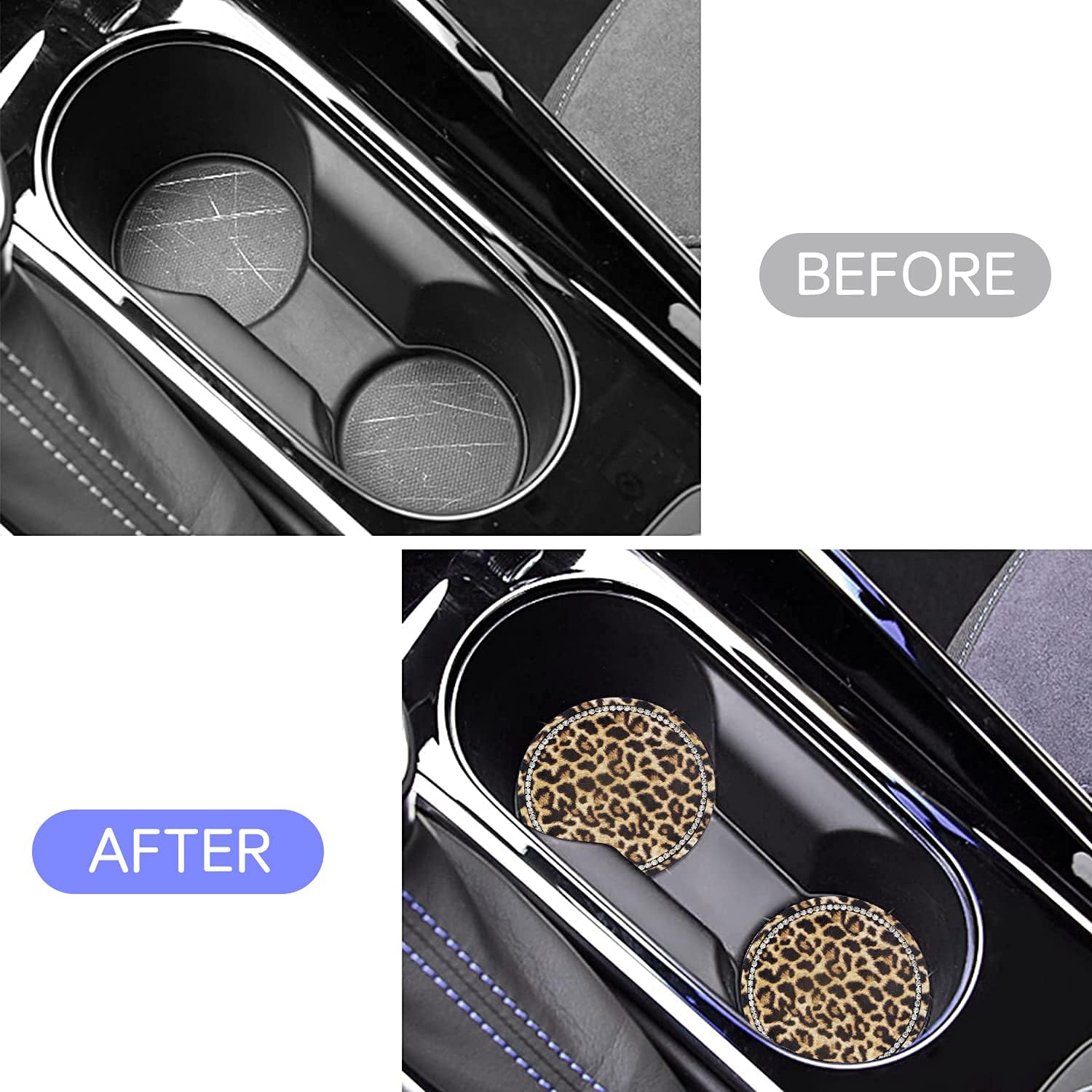 2.75" Car Cup Holder Coaster Car Coasters Leopard Print Bling Accessories Rhinestone Anti Slip Insert Coaster Suitable for Most Cars Gifts - 2PCS