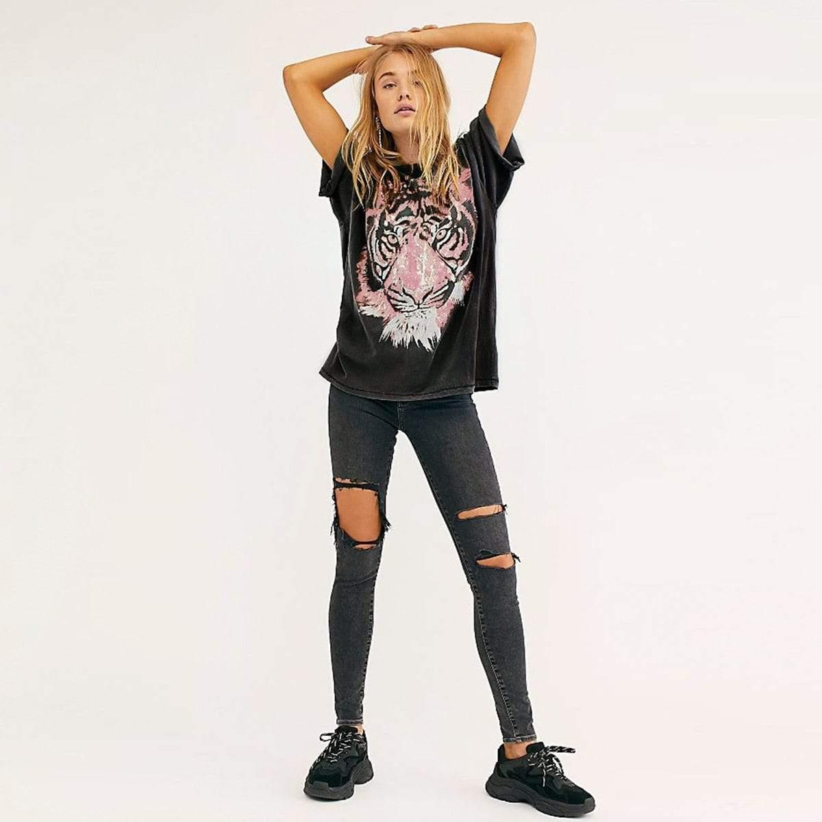 black oversized tiger tees pullover tops