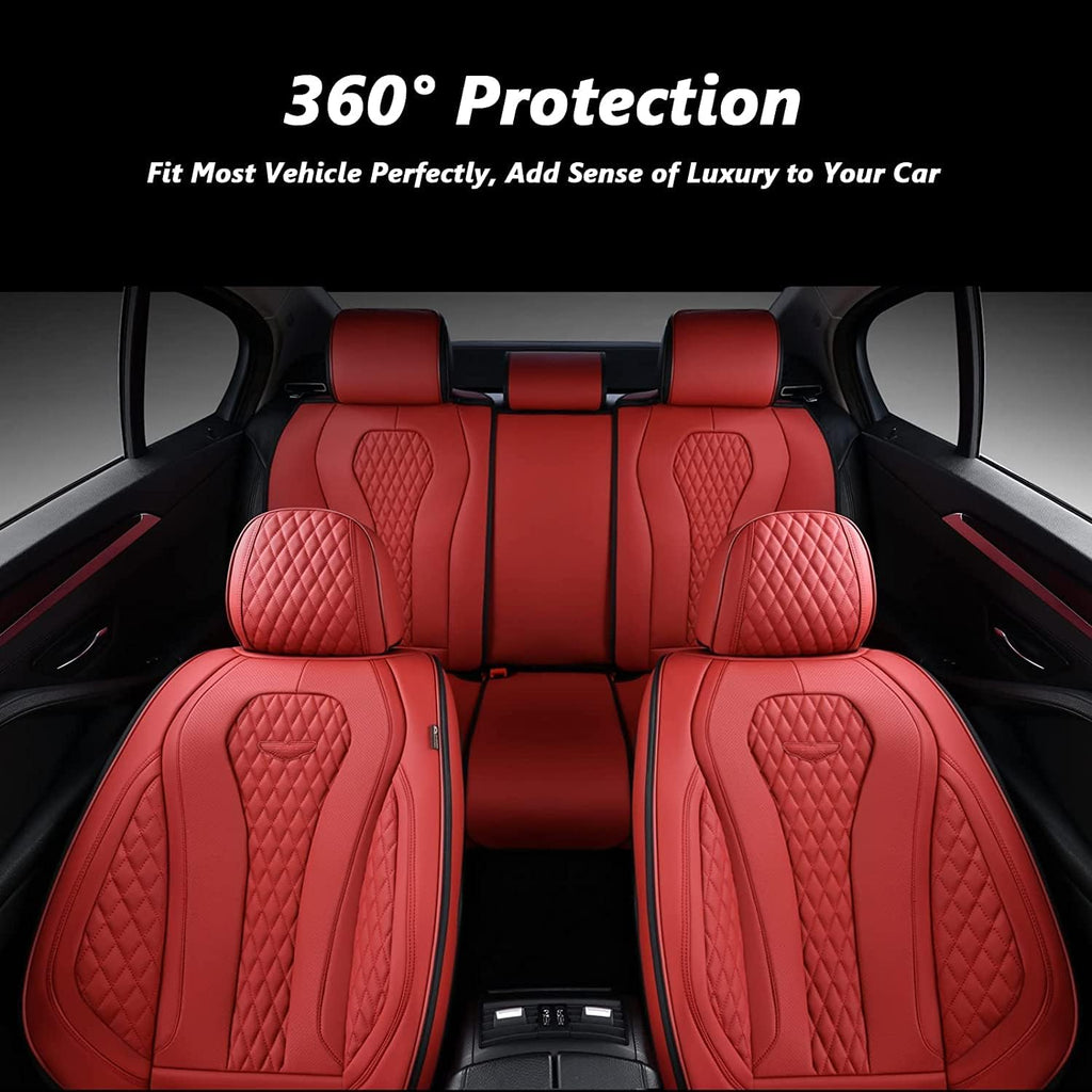 Coverado Leather Seat Covers Full Set, 5 Seats Universal Seat Covers for Cars, Waterproof Luxury Leatherette Seat Cushions, Front and Rear Seat Protectors, Auto Seat Covers Fit for Most Vehicles Red