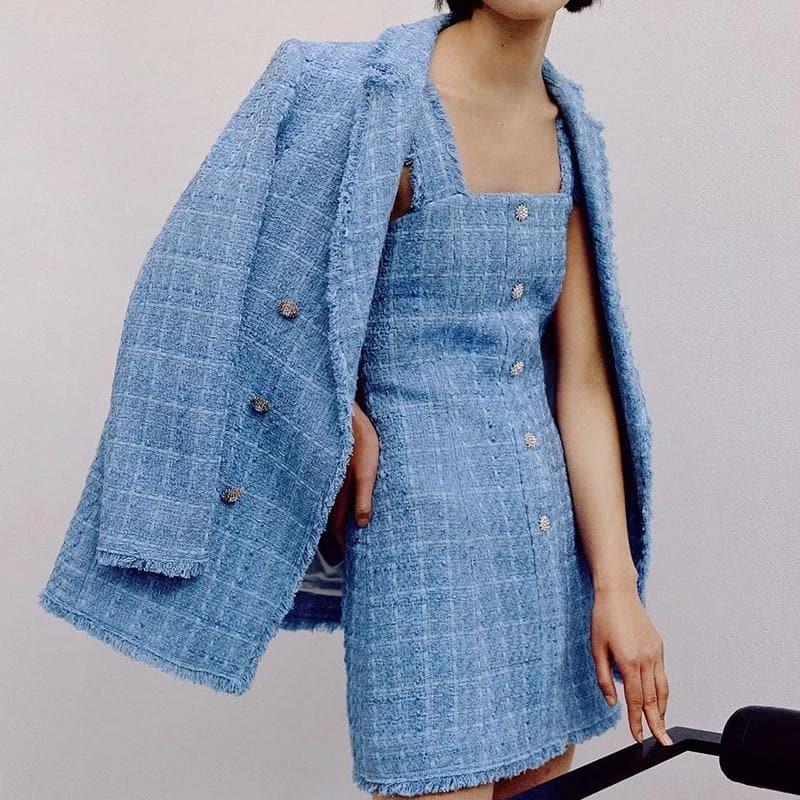 tweed women elegant blue blazers