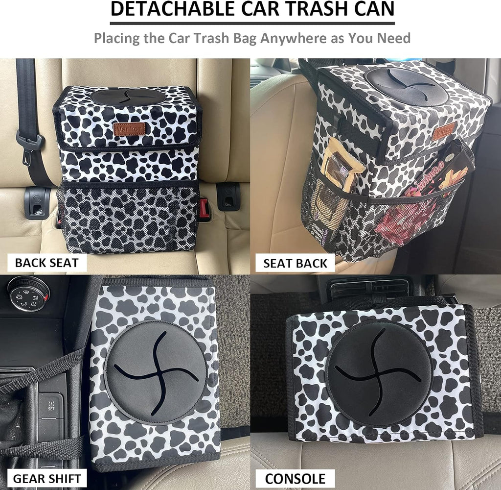 Vankor Car Trash Can for Car Cute Bag Bin Hanging Waterproof Automotive Car Garbage Cans Leak Proof Vehicle Trash Can Cow Print