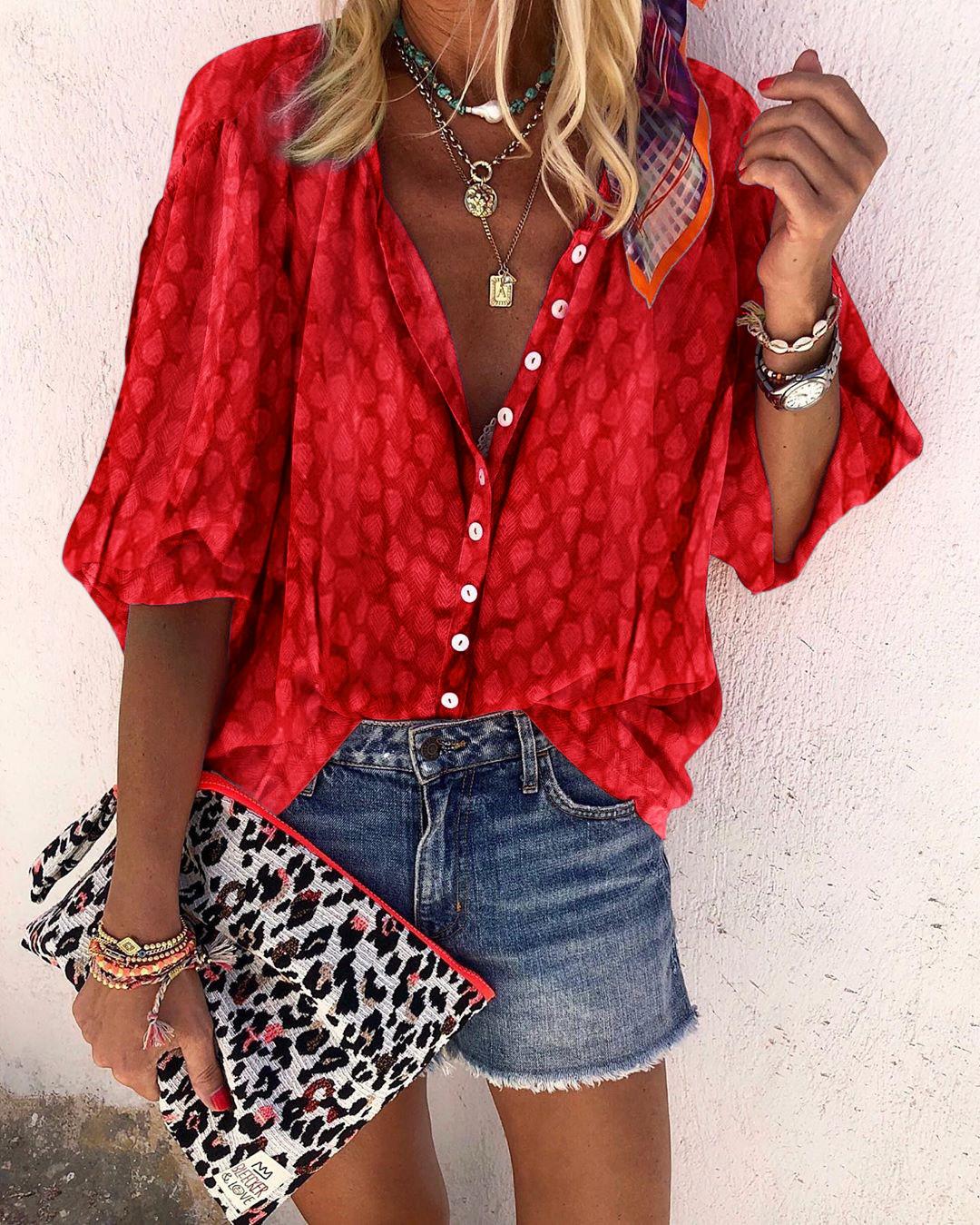 Athleisure Single-Breasted Middle Sleeve Pure Color Blouse