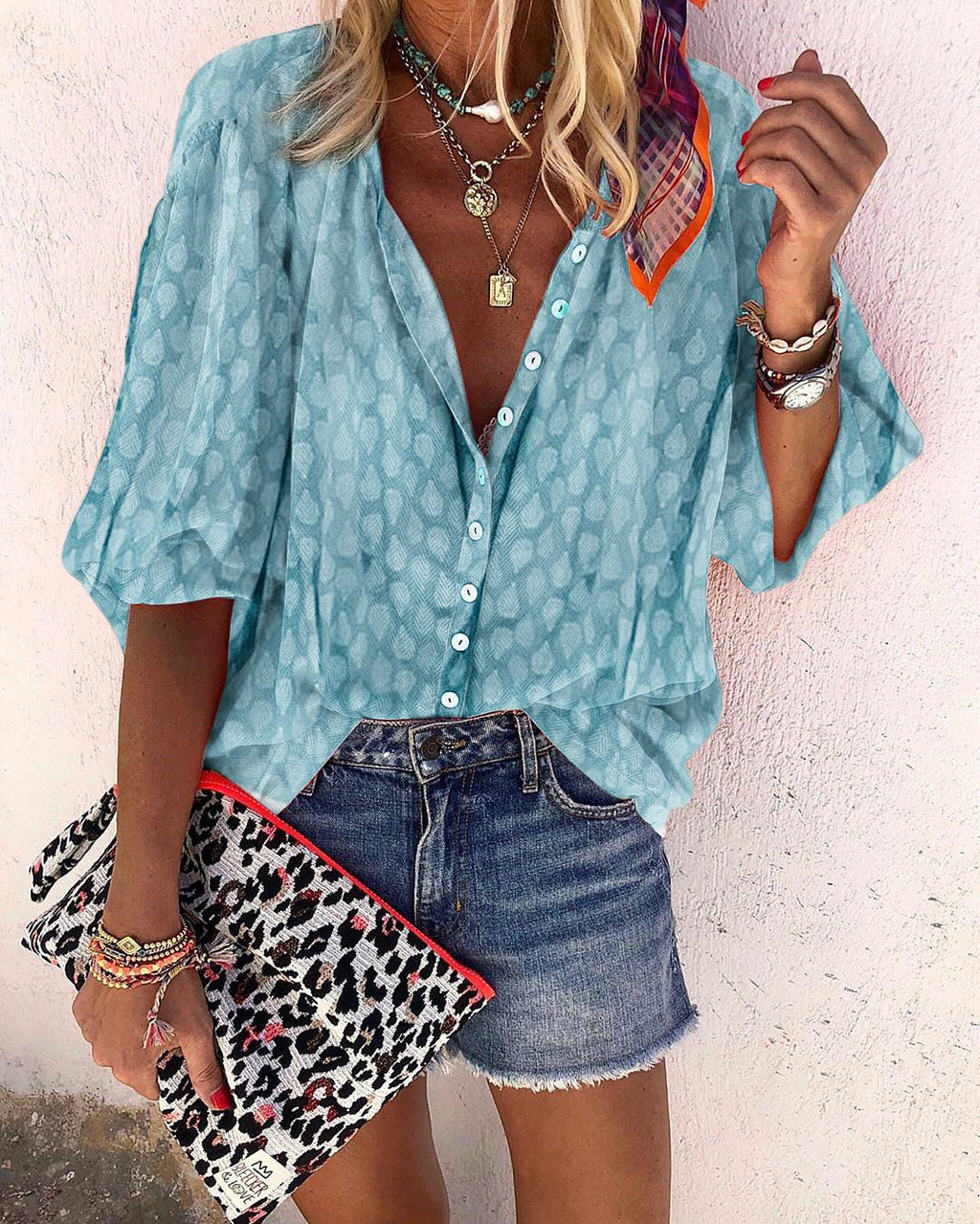 Athleisure Single-Breasted Middle Sleeve Pure Color Blouse