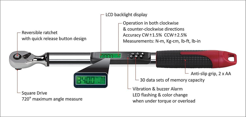 ACDelco Tools ARM317-4A 1/2” (5.0 to 99.5 ft-lbs.) Heavy Duty Angle Digital Torque Wrench with Buzzer and LED Flash Notification – ISO 6789 Standards with Certificate of Calibration