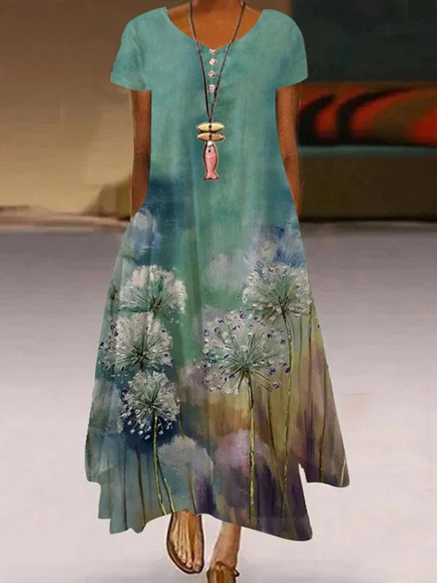 Botanical Floral Print Short-sleeve Maxi Dress