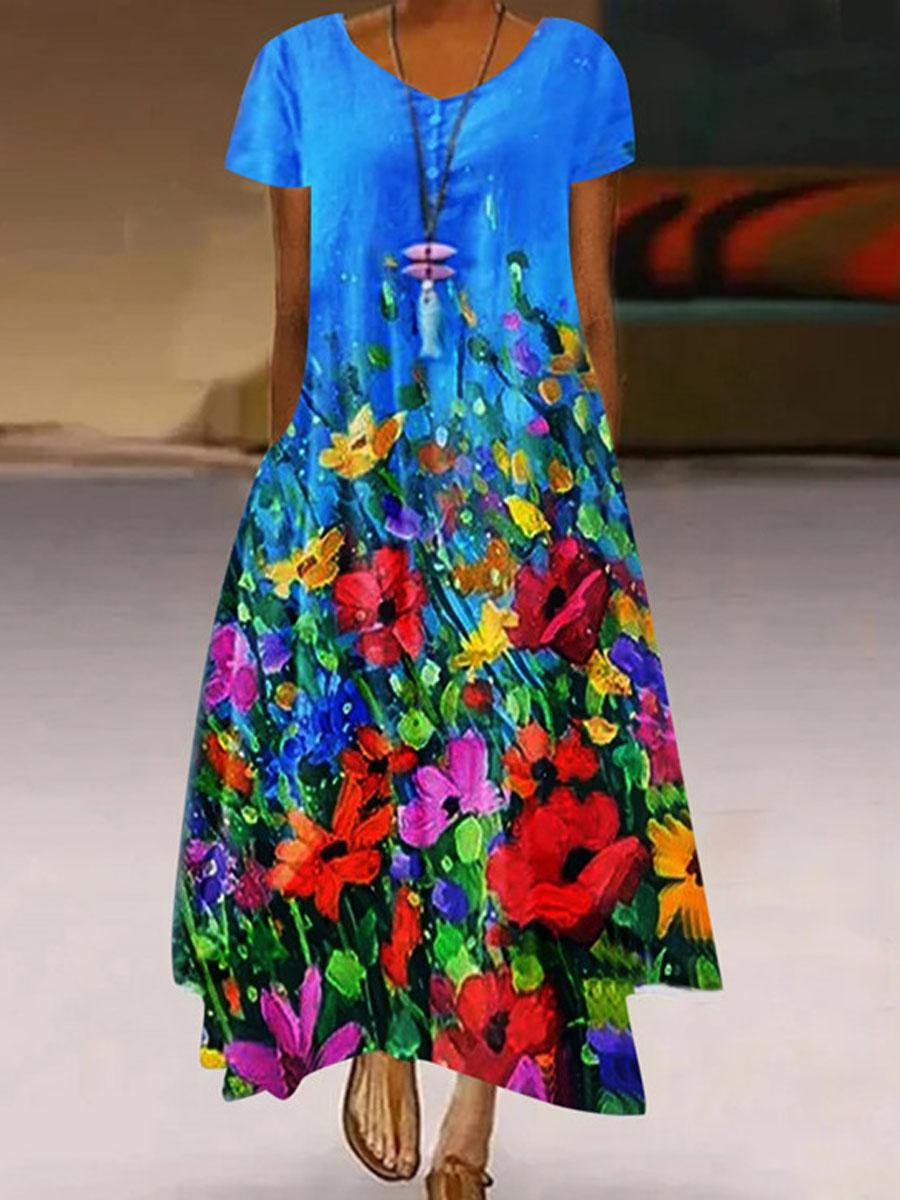 Botanical Floral Print Short-sleeve Maxi Dress