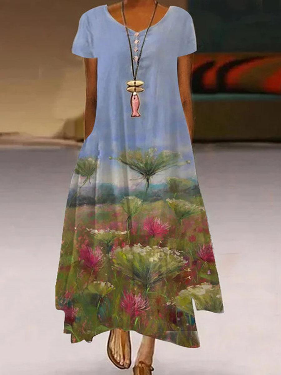 Botanical Floral Print Short-sleeve Maxi Dress