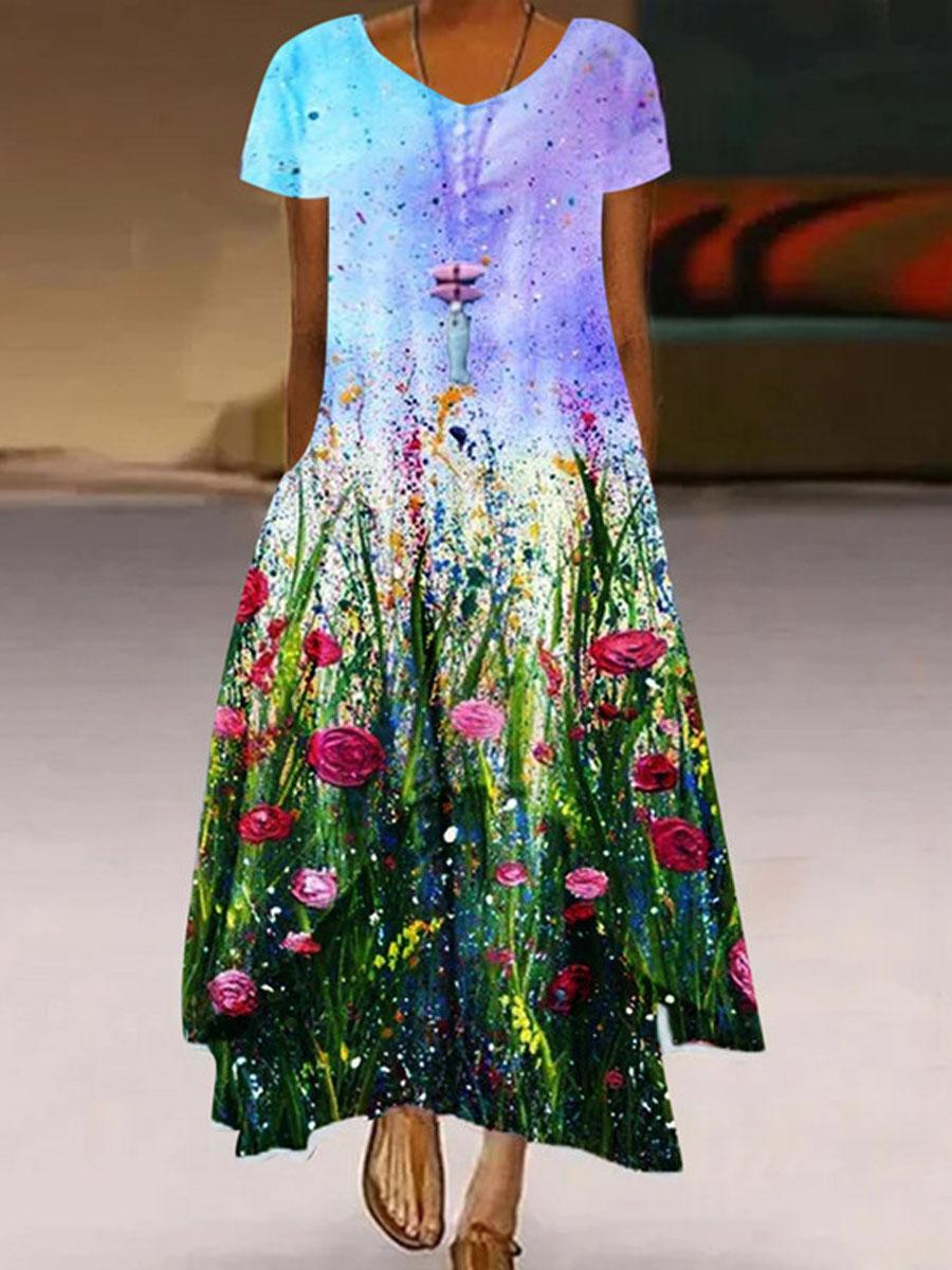 Botanical Floral Print Short-sleeve Maxi Dress