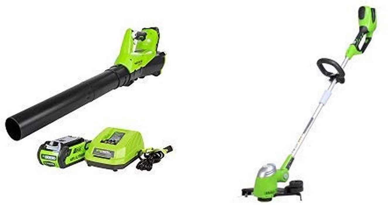 Greenworks 40V 115 MPH - 430 CFM Cordless Brushless Blower, 2.0 AH Battery Included BA40L210 with 13-Inch 40V Cordless String trimmer/Edger, Battery Not Included 21332
