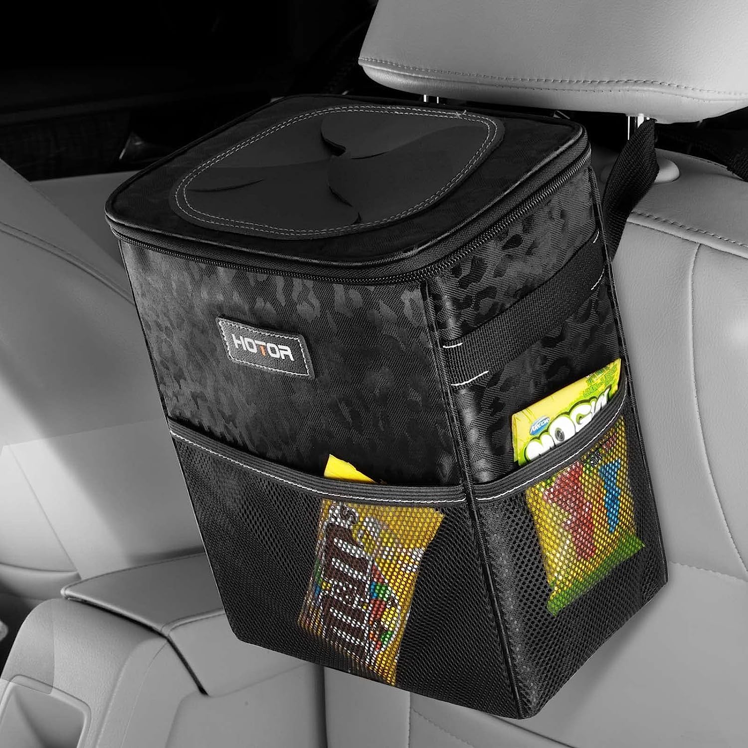 HOTOR Car Trash Can, Multifunctional &amp; Fashionable Car Accessory for Interior Use for Women, Waterproof Car Organizer and Storage Bag with Adjustable Straps, Magnetic Buckles (Leopard-Print Black)