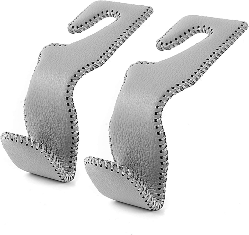 AMVOYOA Headrest Hooks for Car, Back Seat Organizer Gray Leather Hanger Holder Hook, for Hanging Purses and Bags and Coats, Pack of 2