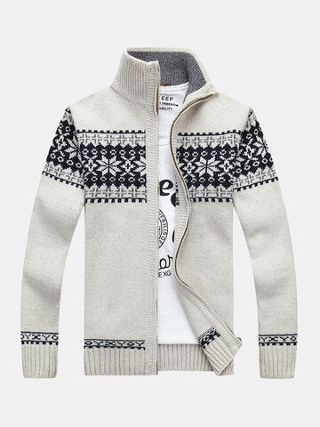 mens tribal style zipper stand collar casual knitted sweater cardigan