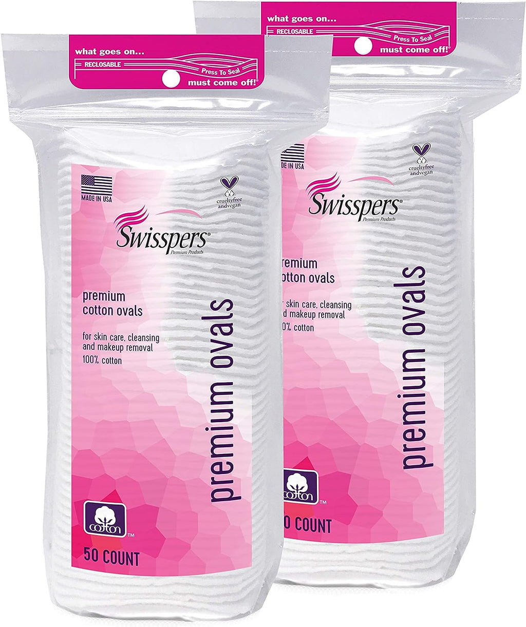 Swisspers Premium 100 Percent Cotton Ovals, Reclosable Bags, 50 Count Bags, 2 Pack (100 Count Total)