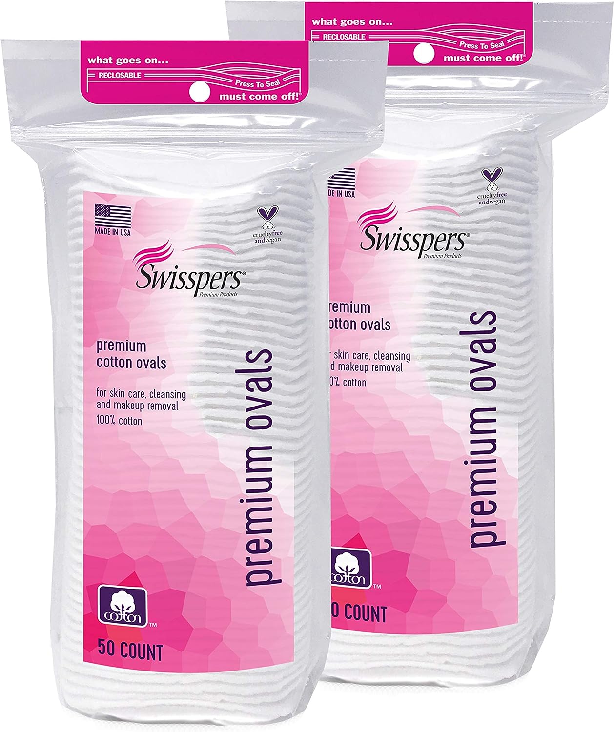 Swisspers Premium 100 Percent Cotton Ovals, Reclosable Bags, 50 Count Bags, 2 Pack (100 Count Total)