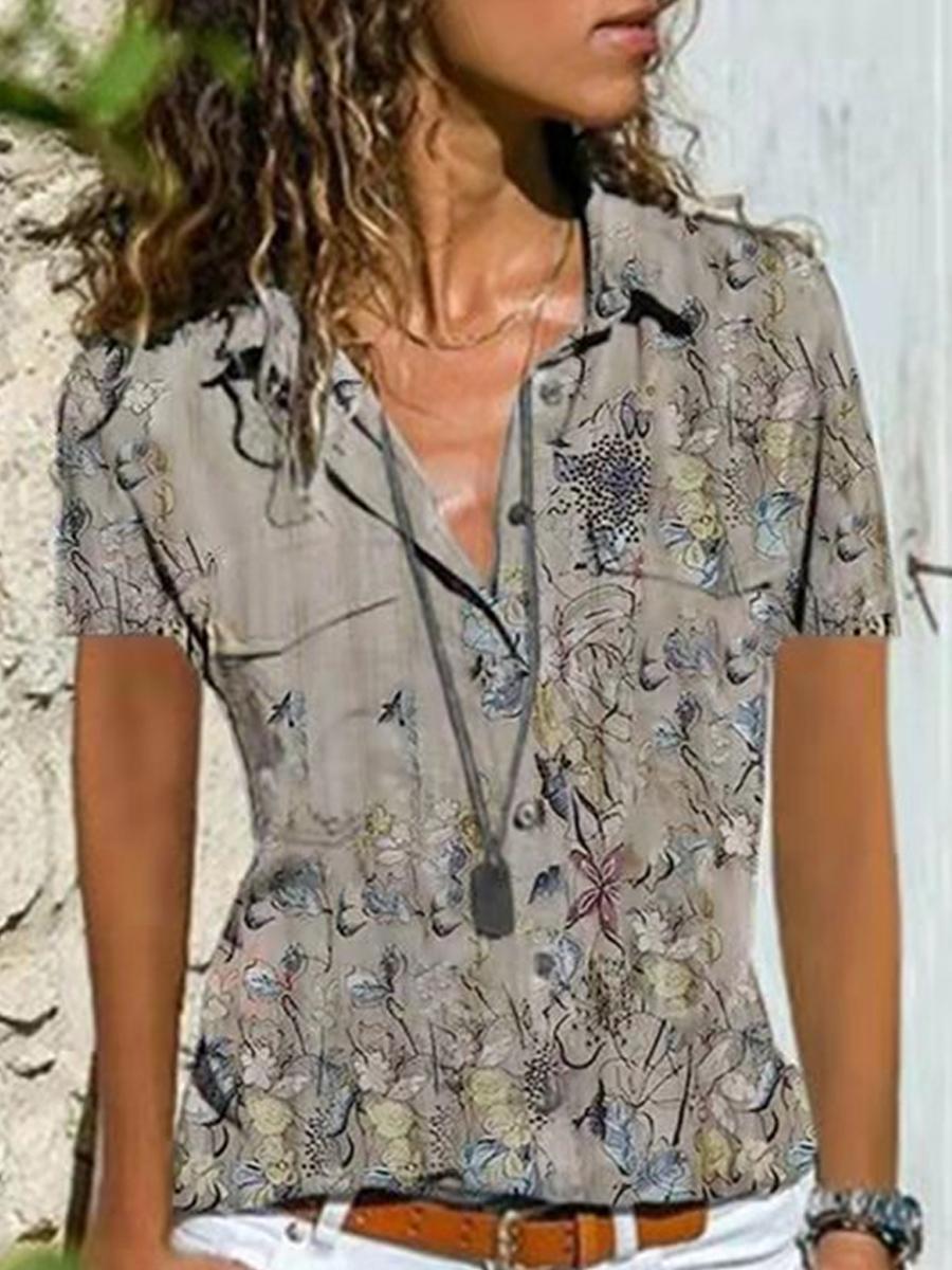 Loose Casual Floral Print Short Sleeve Blouse