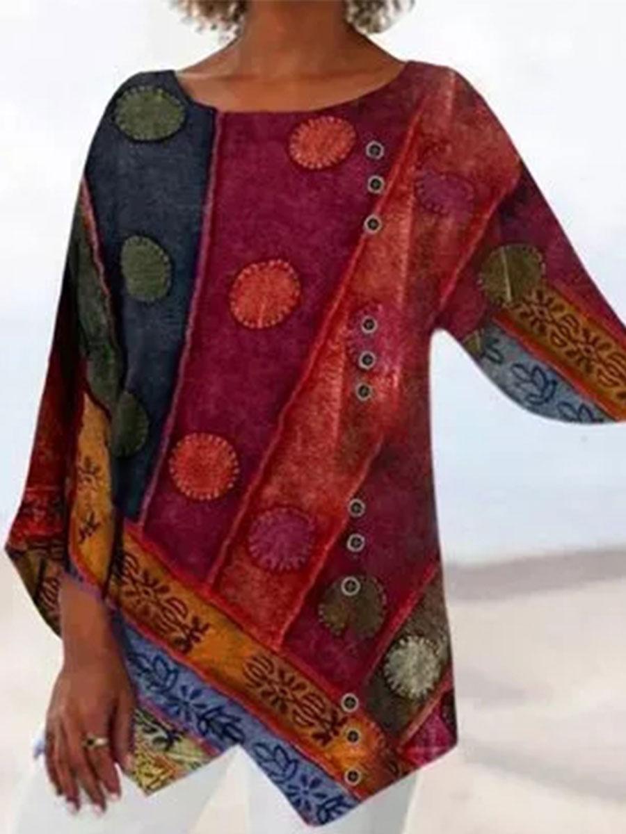 Fashion Printed Round Neck Long Sleeve Casual Blouse