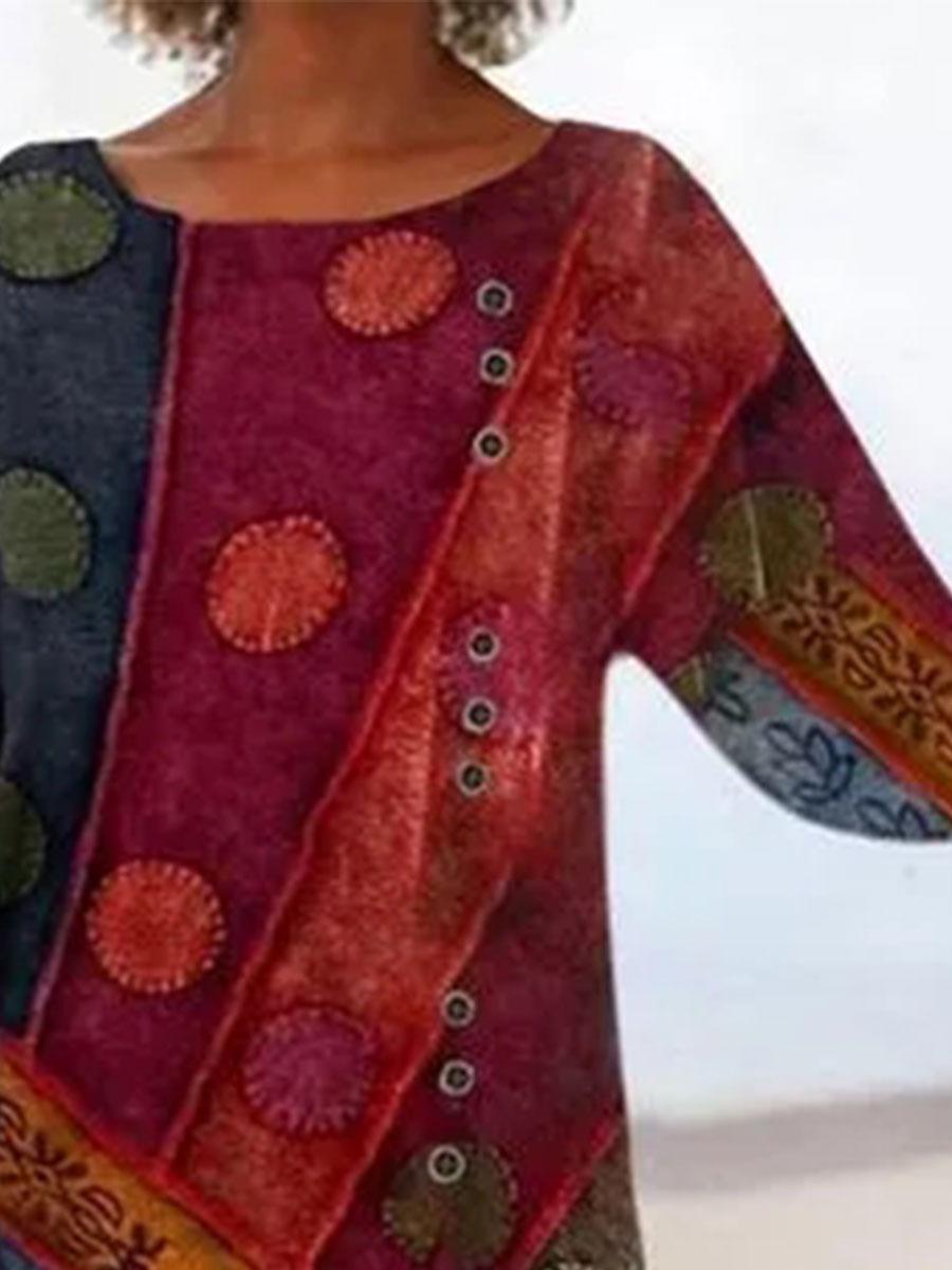 Fashion Printed Round Neck Long Sleeve Casual Blouse