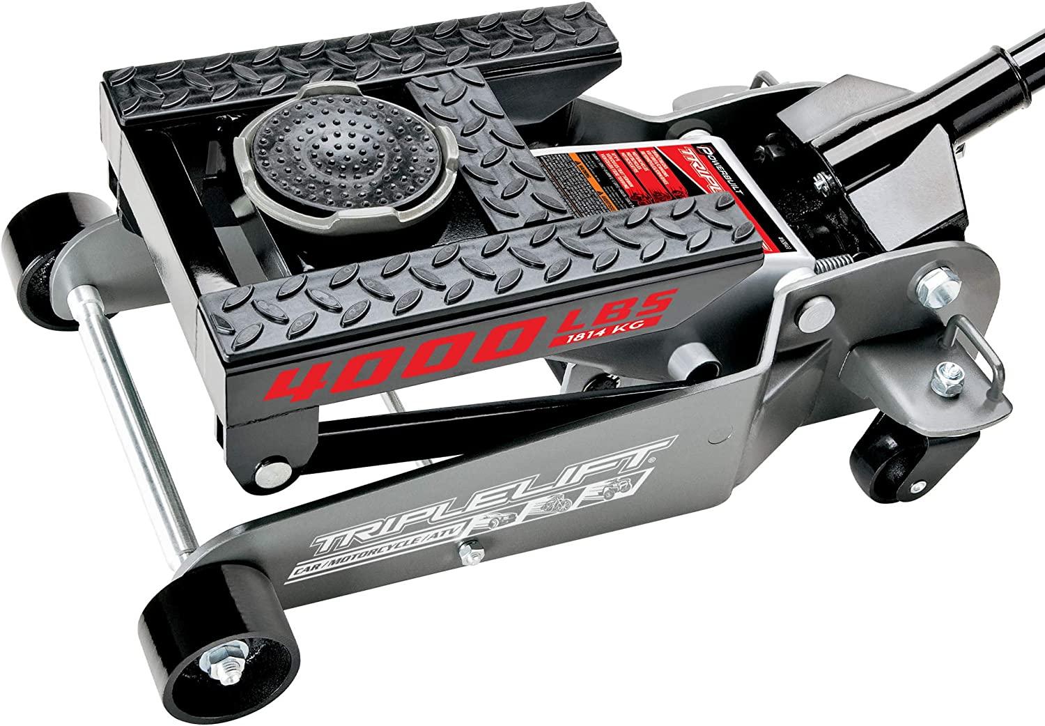 Power 2 Ton Triple Lift Floor Jack, Lifts Cars, Trucks, Motorcycles, ATV's, Transmissions, Tie-Down Loops, LocSafety Bar - 620422E