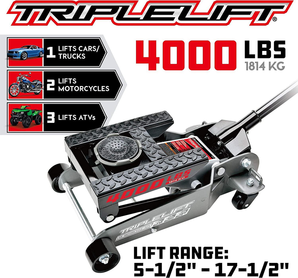 Power 2 Ton Triple Lift Floor Jack, Lifts Cars, Trucks, Motorcycles, ATV's, Transmissions, Tie-Down Loops, LocSafety Bar - 620422E