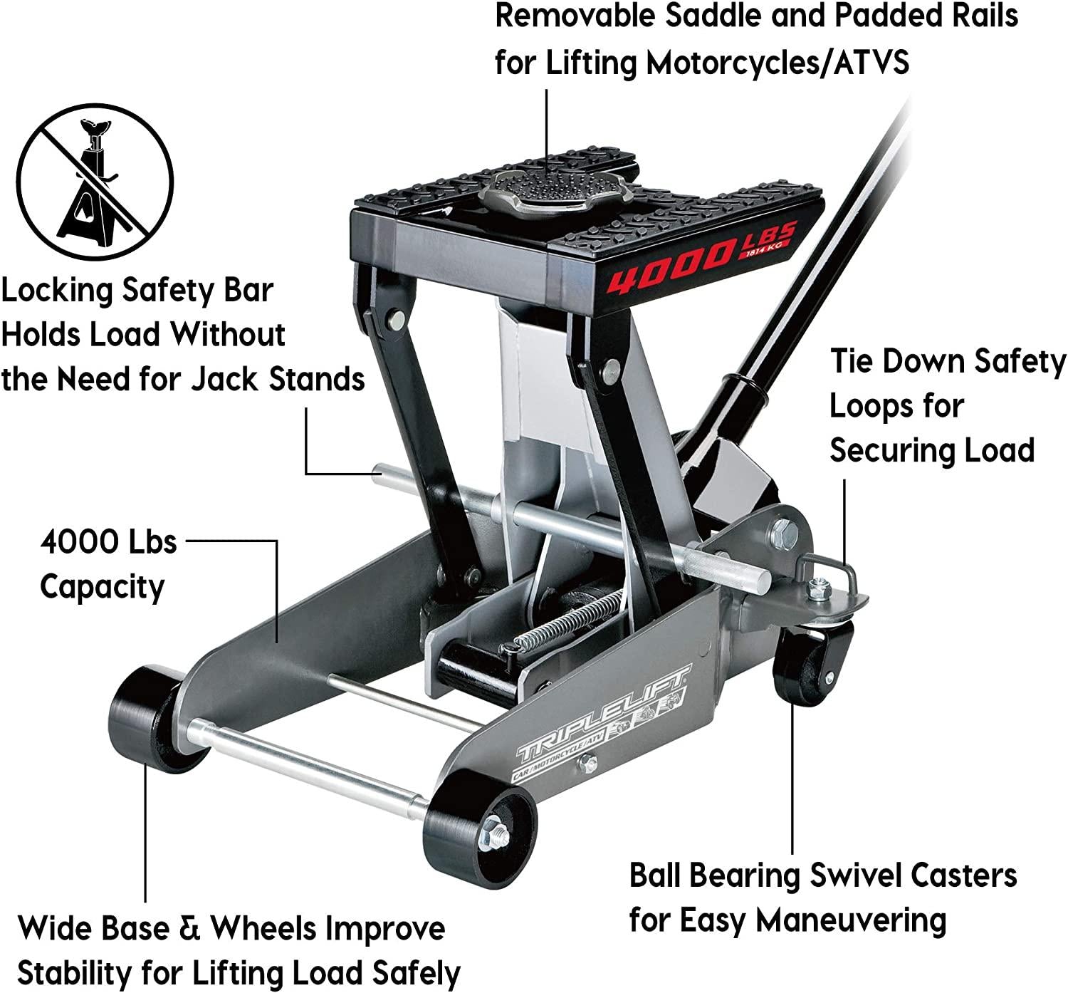 Power 2 Ton Triple Lift Floor Jack, Lifts Cars, Trucks, Motorcycles, ATV's, Transmissions, Tie-Down Loops, LocSafety Bar - 620422E
