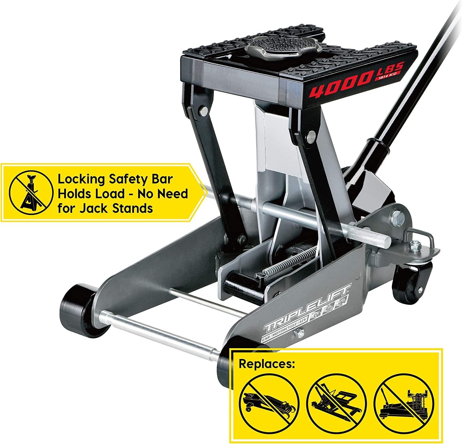 Power 2 Ton Triple Lift Floor Jack, Lifts Cars, Trucks, Motorcycles, ATV's, Transmissions, Tie-Down Loops, LocSafety Bar - 620422E